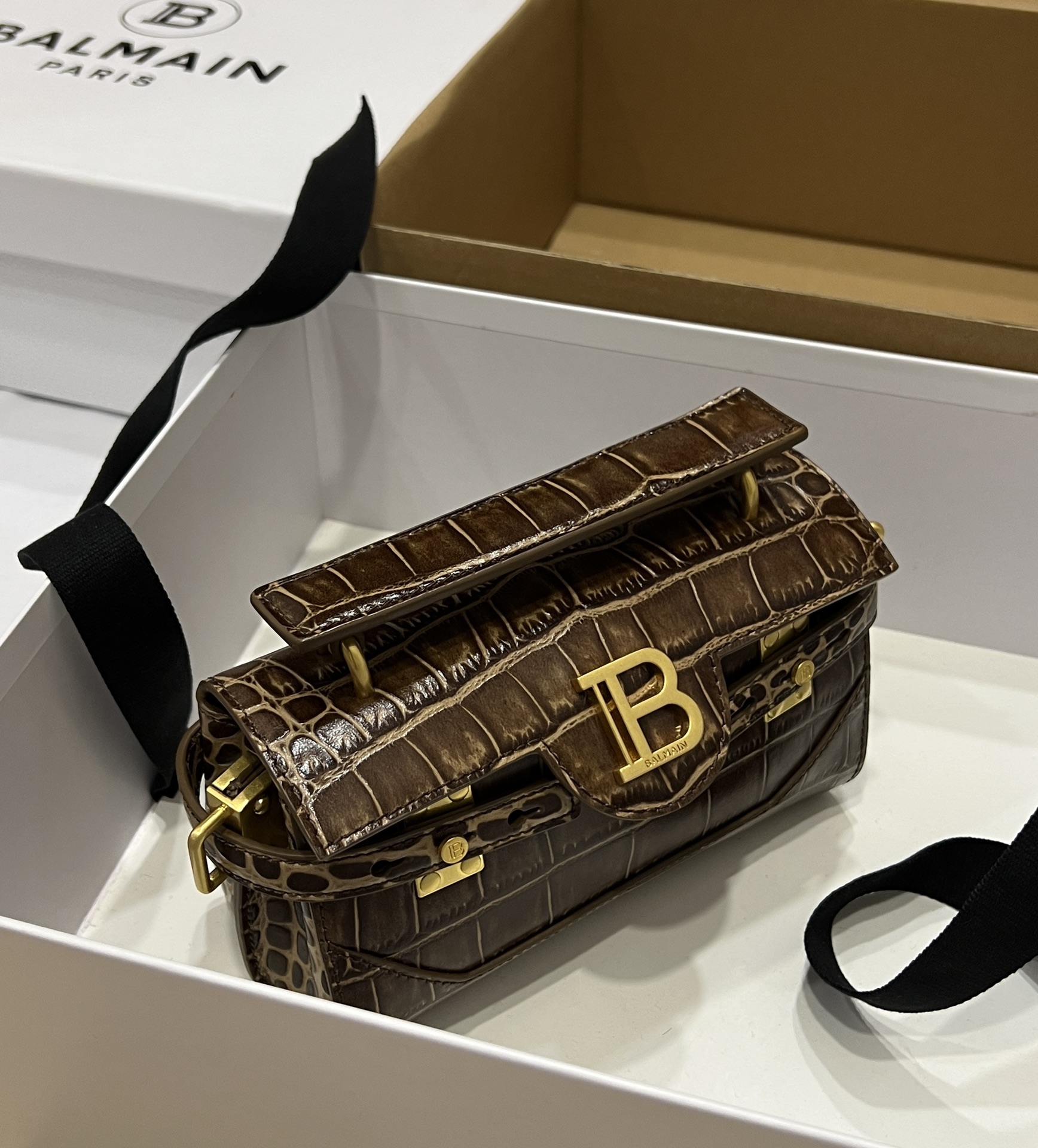 Balmain B-Buzz Brown Croc-Embossed Leather Handbag
