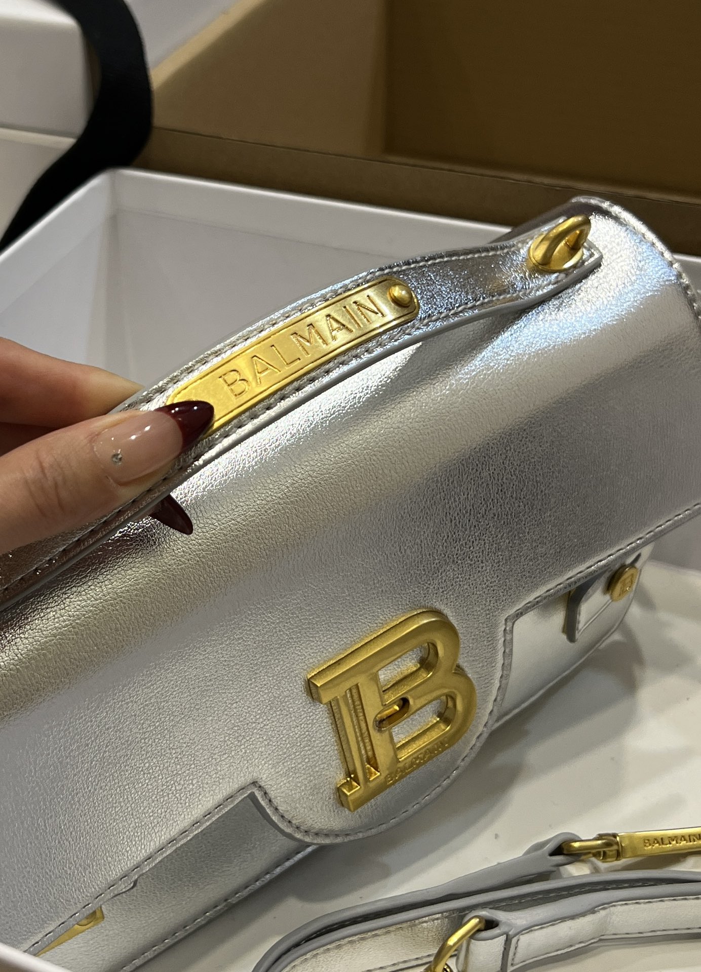 Balmain B-Buzz Metallic Silver Leather Bag - Gold Hardware