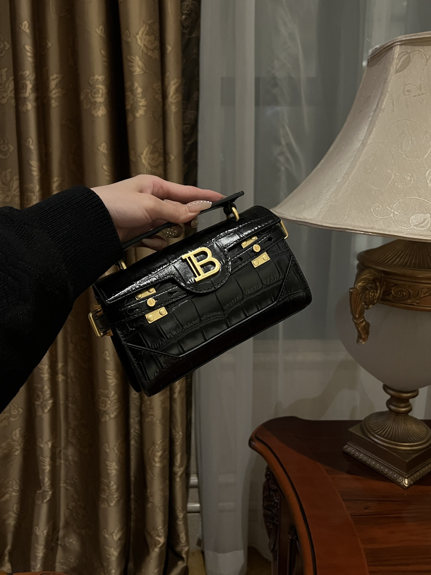 Balmain Mini Bag - Black Croc Embossed Leather