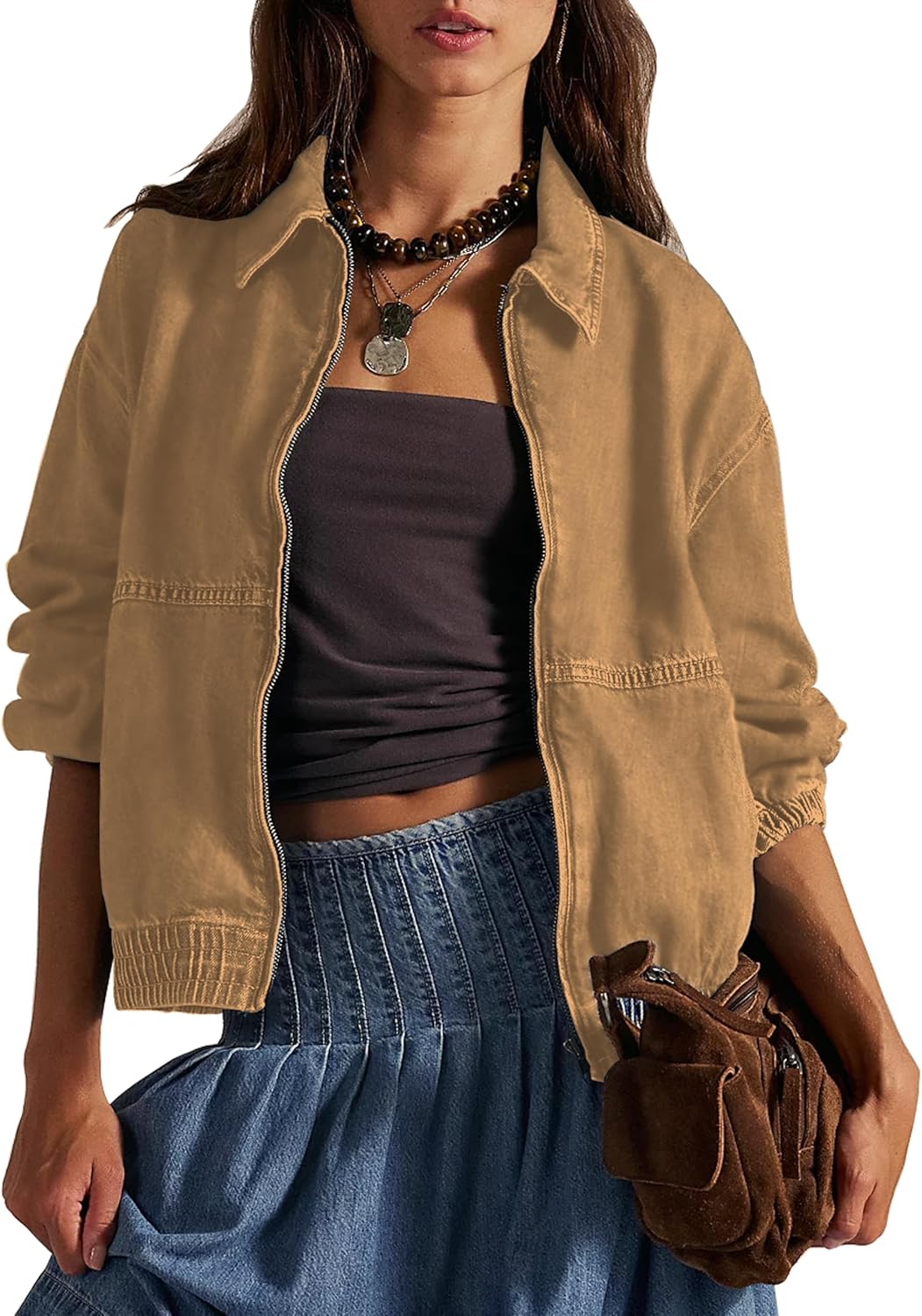 Bell Princess Womens Denim Jackets Long Sleeve Zip Up Elastic Hem Classic Loose Jean Bomber Jacket Outfit