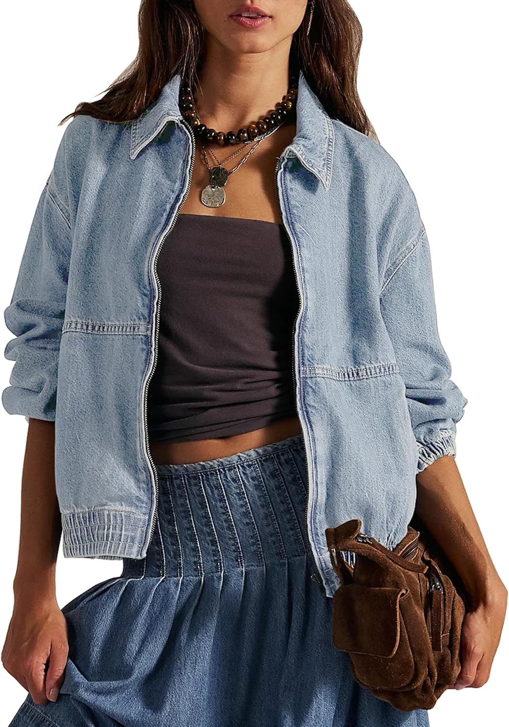 Bell Princess Womens Denim Jackets Long Sleeve Zip Up Elastic Hem Classic Loose Jean Bomber Jacket Outfit