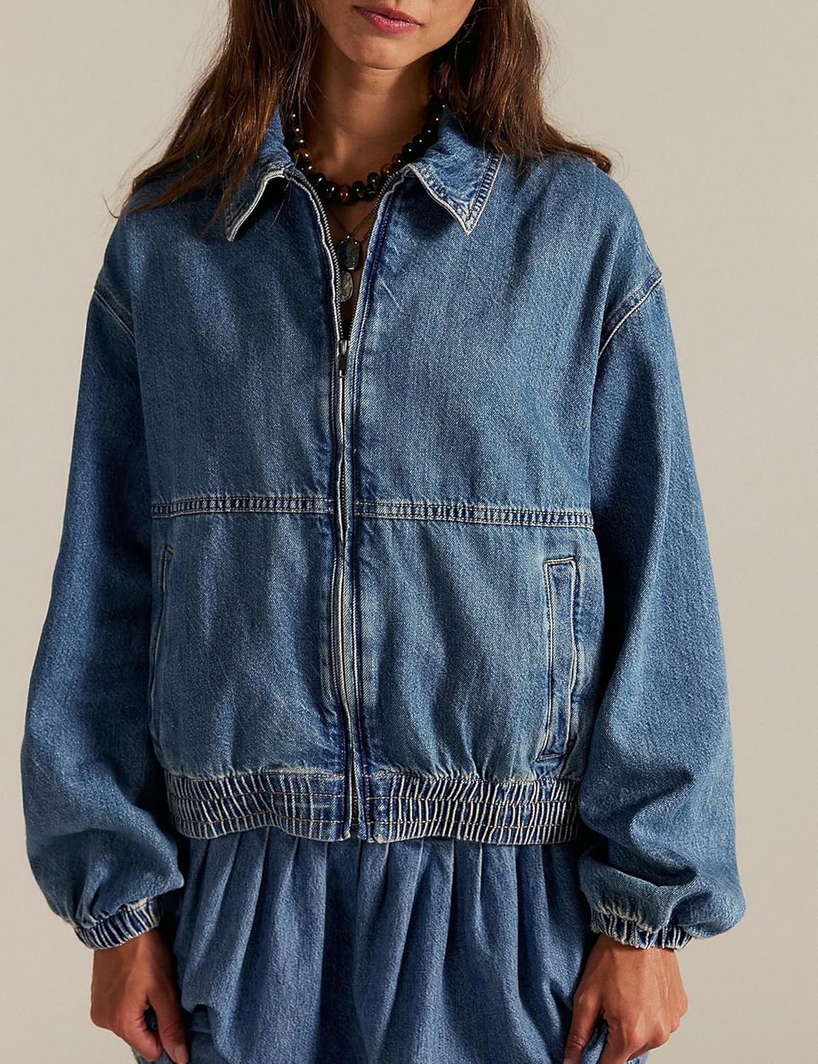 Bell Princess Womens Denim Jackets Long Sleeve Zip Up Elastic Hem Classic Loose Jean Bomber Jacket Outfit