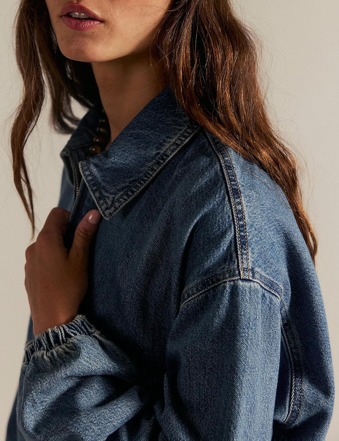 Bell Princess Womens Denim Jackets Long Sleeve Zip Up Elastic Hem Classic Loose Jean Bomber Jacket Outfit