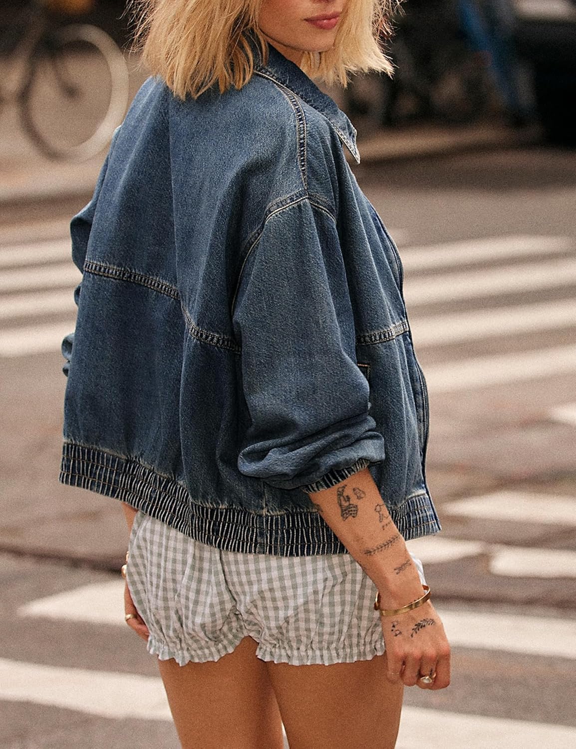 Bell Princess Womens Denim Jackets Long Sleeve Zip Up Elastic Hem Classic Loose Jean Bomber Jacket Outfit