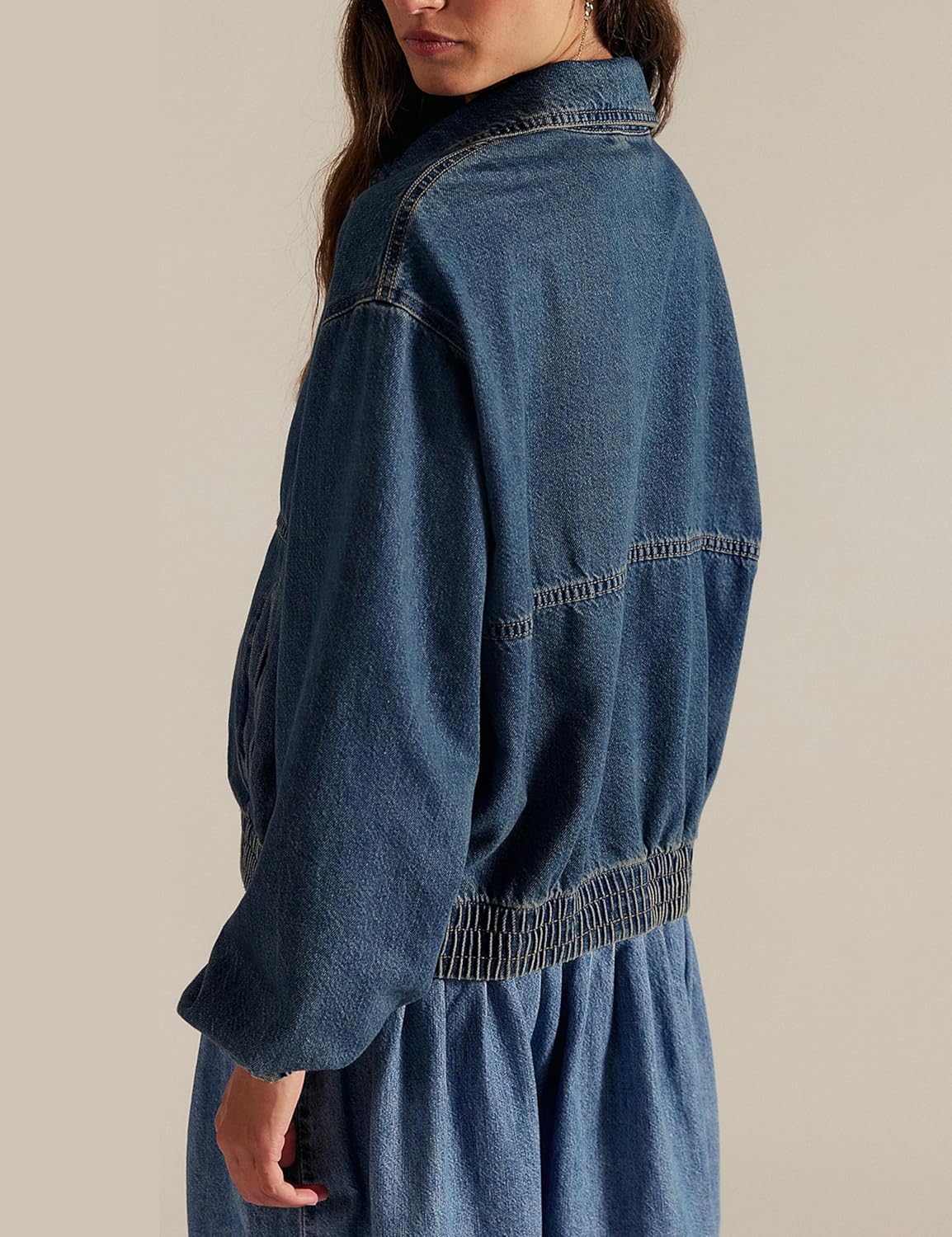 Bell Princess Womens Denim Jackets Long Sleeve Zip Up Elastic Hem Classic Loose Jean Bomber Jacket Outfit