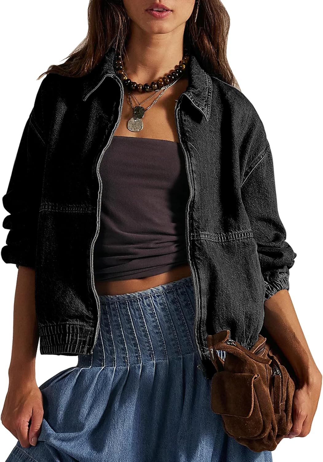 Bell Princess Womens Denim Jackets Long Sleeve Zip Up Elastic Hem Classic Loose Jean Bomber Jacket Outfit