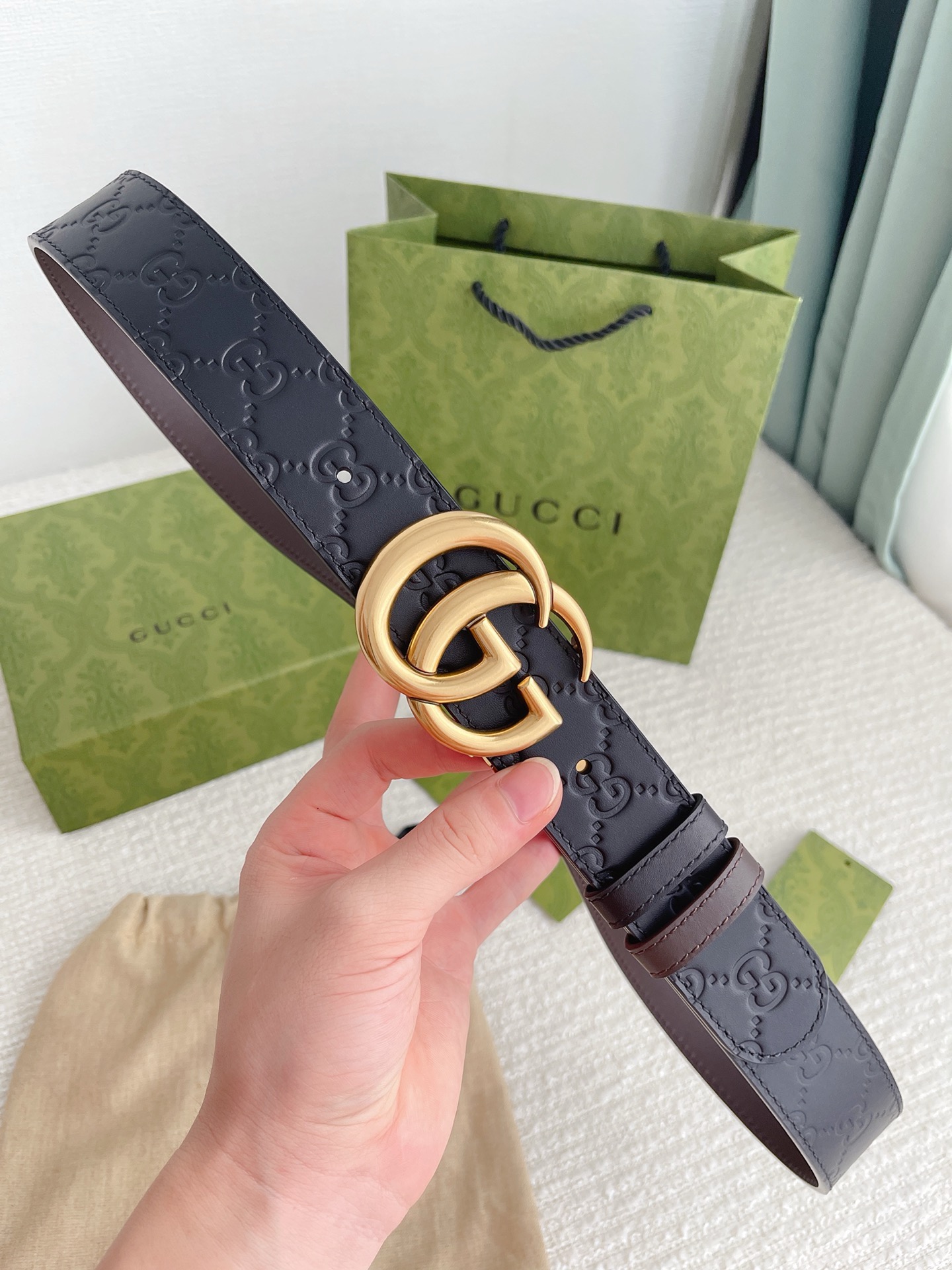 BELT GUCCI BELT BLACK/BROWN LEATHER 100% AUTHENTIC CLASSIC LOGO