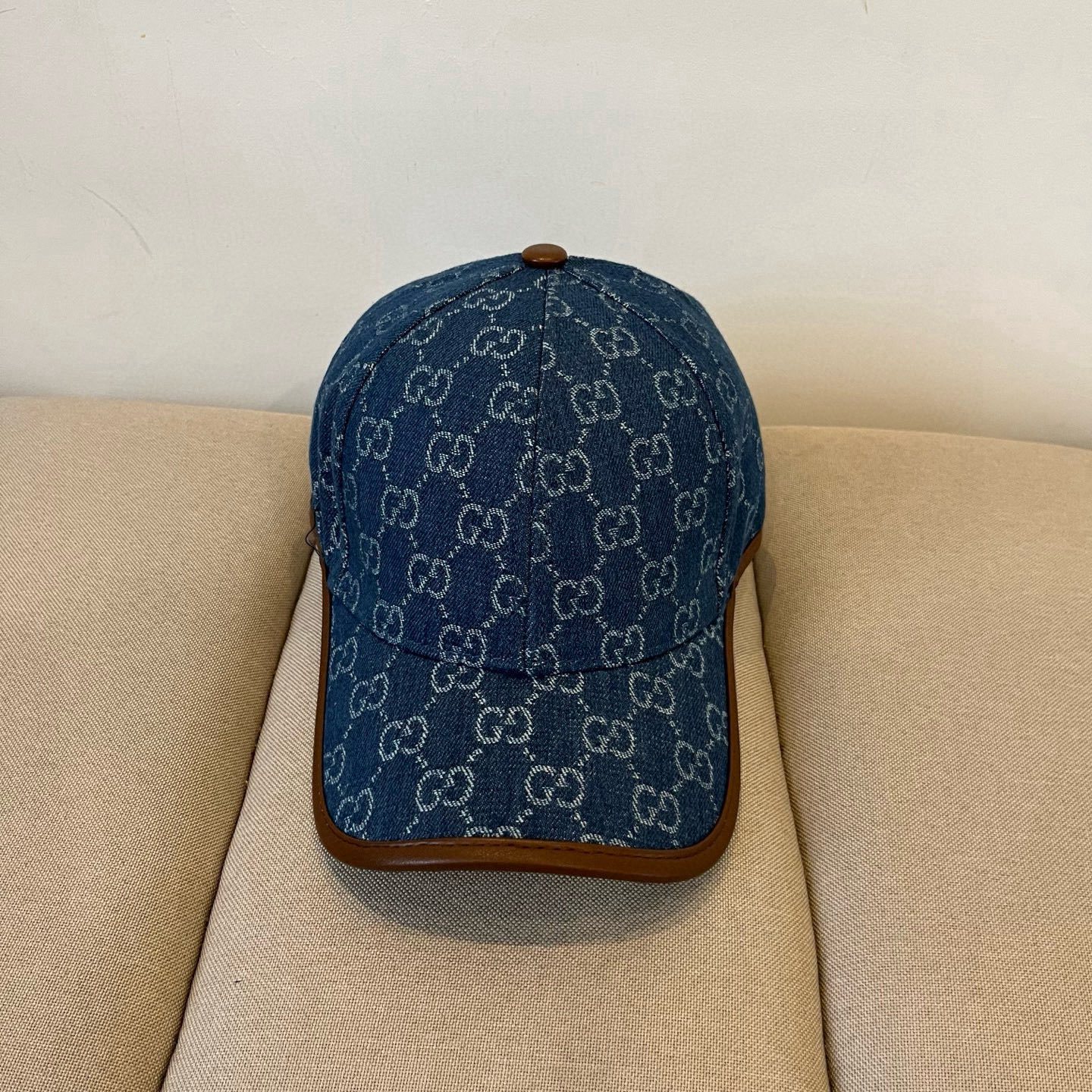 Gucci Blue Denim GG Cap - Brown Leather Trim