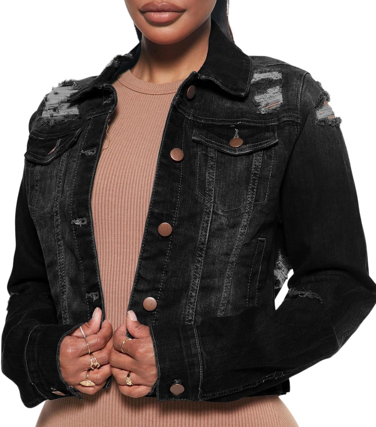 BessCops Denim Jacket for Women Spring Long Sleeve Classic Distressed Butterfly Jean Trucker Jackets