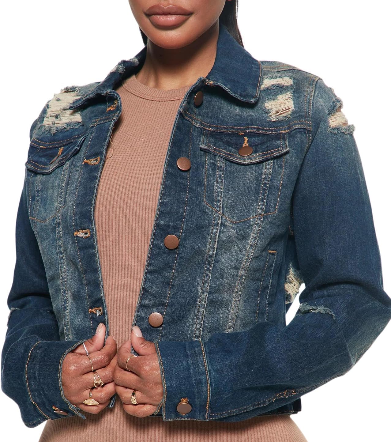 BessCops Denim Jacket for Women Spring Long Sleeve Classic Distressed Butterfly Jean Trucker Jackets