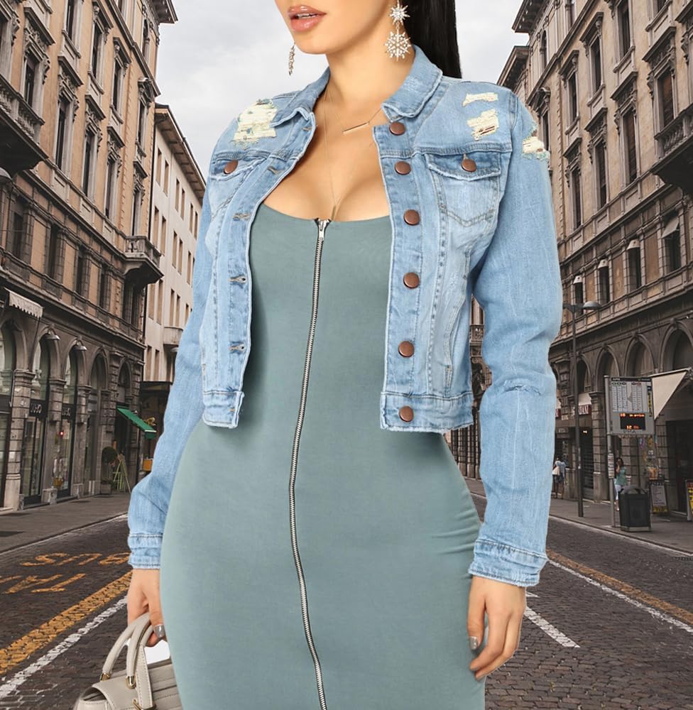 BessCops Denim Jacket for Women Spring Long Sleeve Classic Distressed Butterfly Jean Trucker Jackets