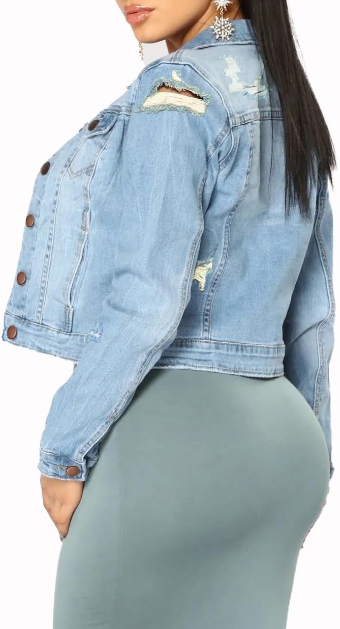 BessCops Denim Jacket for Women Spring Long Sleeve Classic Distressed Butterfly Jean Trucker Jackets