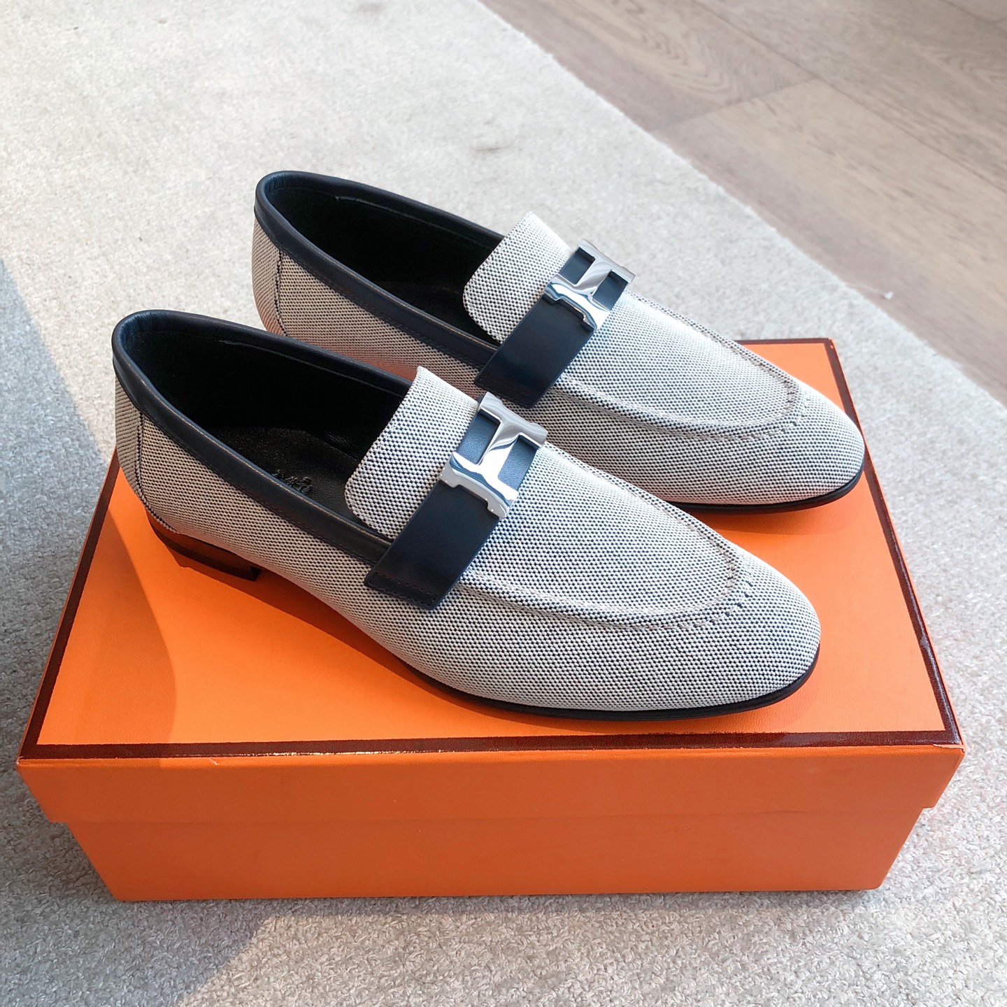 BNIB Hermes Paris Women’s Loafers – Canvas Prunoir with Black Hardware