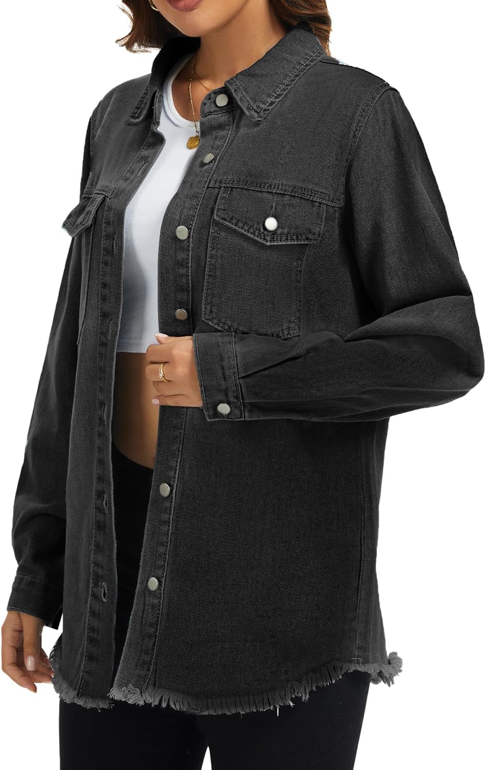 Bosmeer Women’s Oversized Jean Jacket Casual Long Sleeve Denim Shirts Distressed Frayed Hem Denim Jackets Fall Outfits 2025