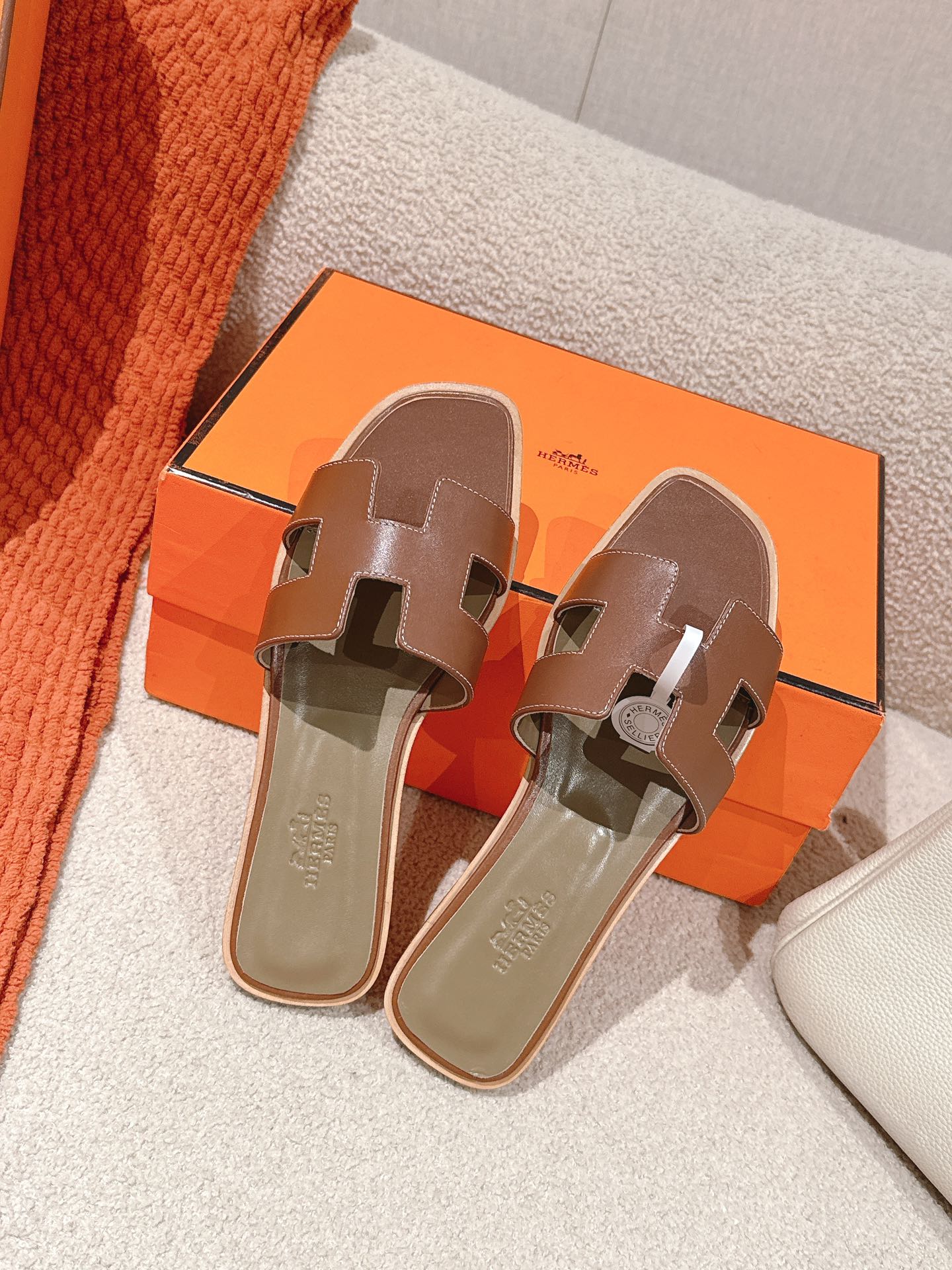 Brand New Hermes Brown Gold Calfskin Oran Sandals