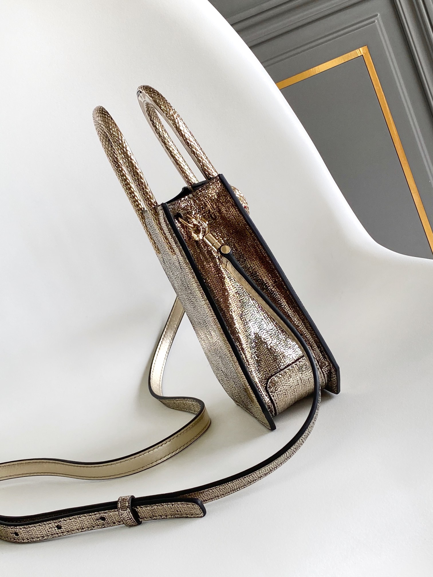 Bulgari Bvlgari Serpentine Leather Tote Leather Tote Bag in Very Good Condition Golden