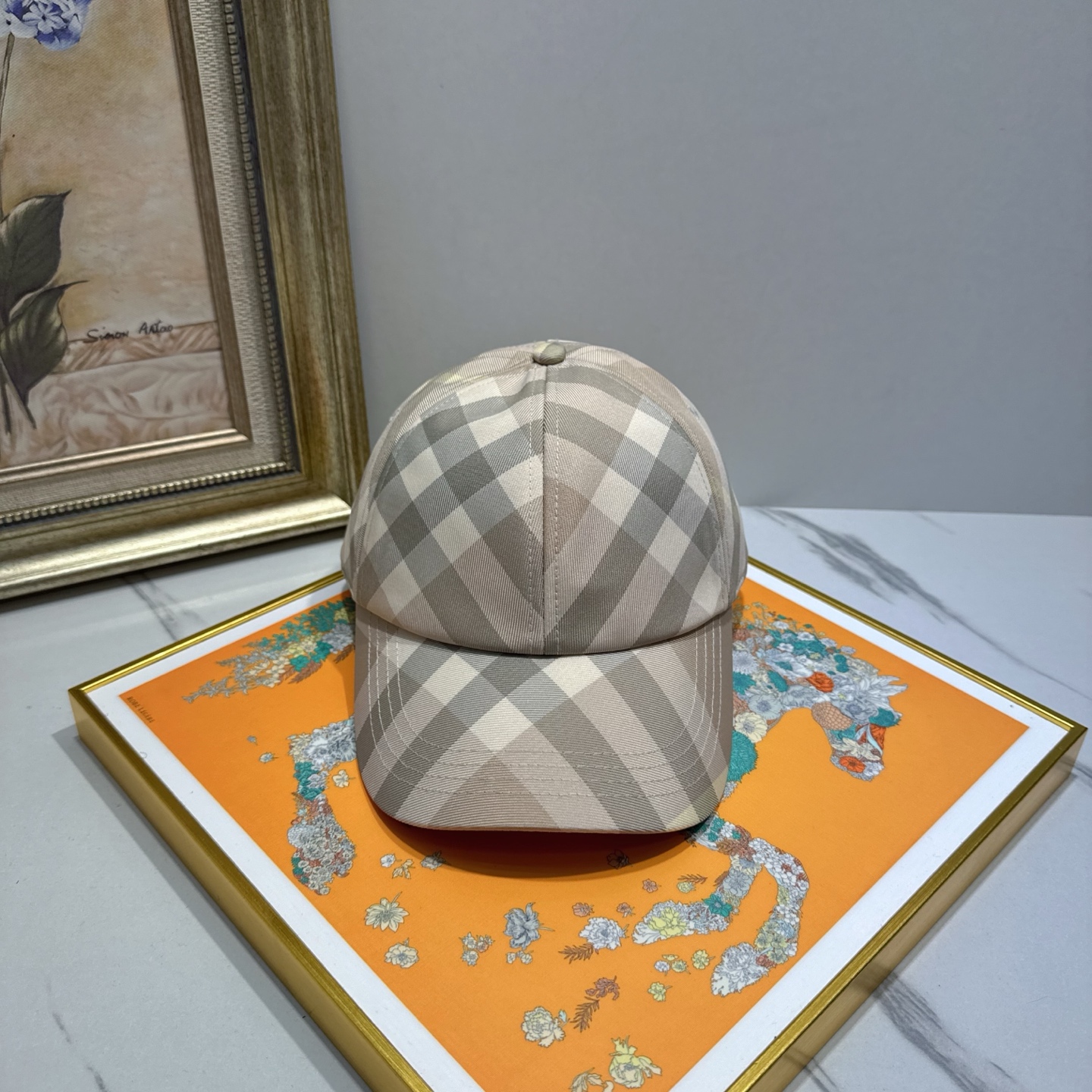 Burberry Checkered Beige Baseball Cap - Designer Headwear