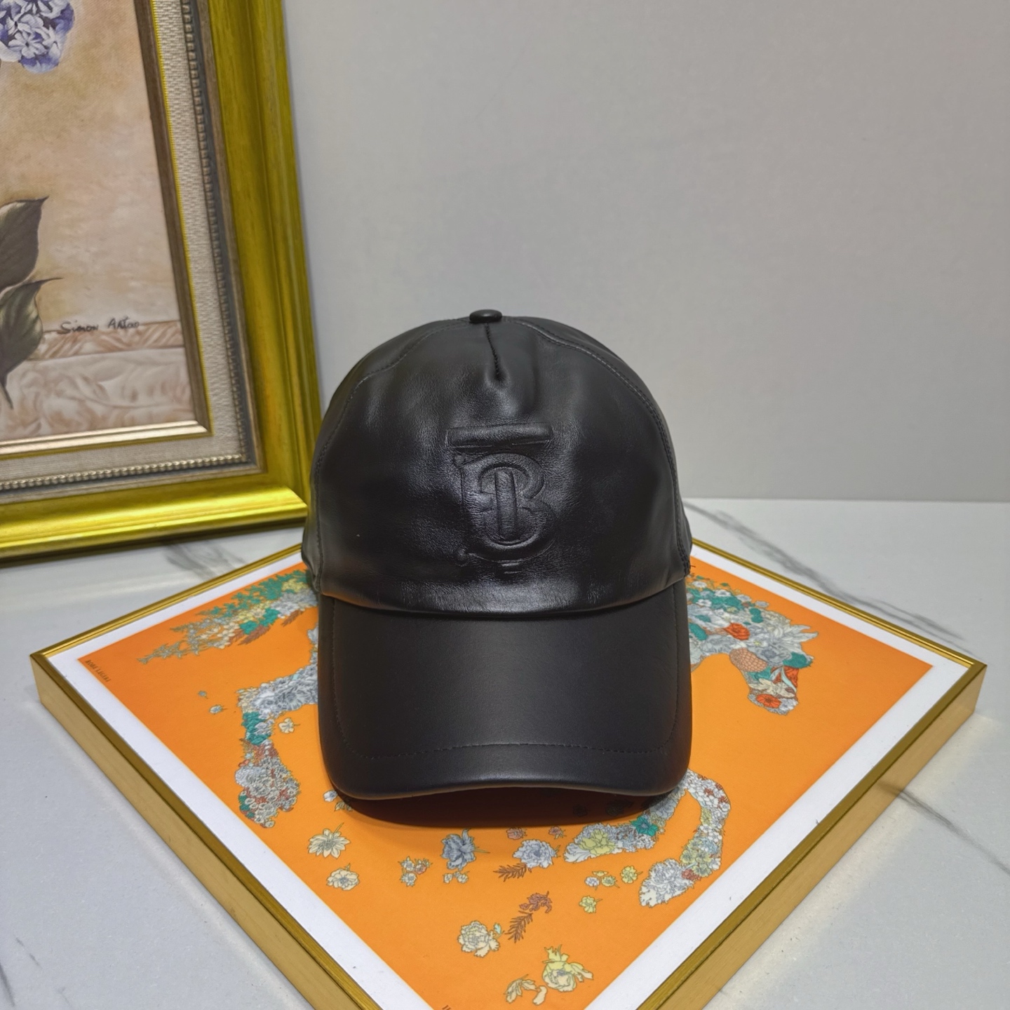 Burberry Black Leather Baseball Cap - Embossed Logo