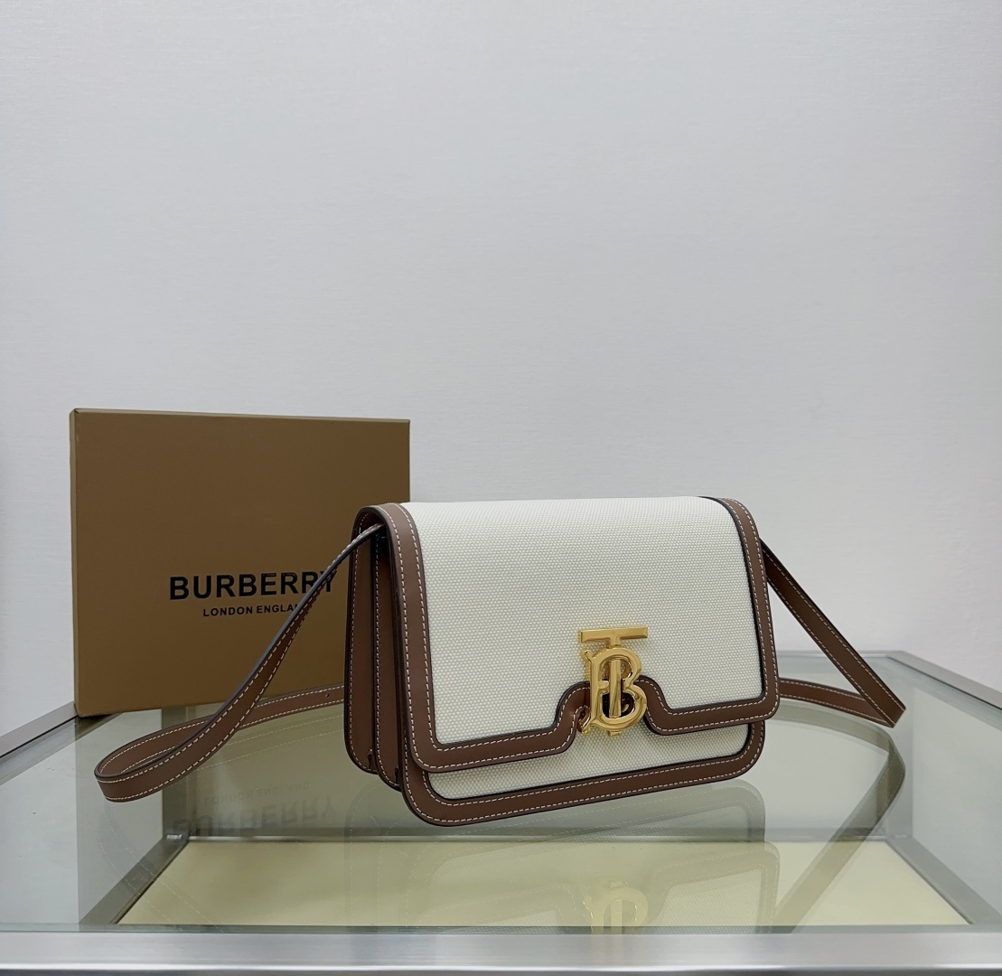 BURBERRY Canvas Calfskin Small TB Bag Malt Brown