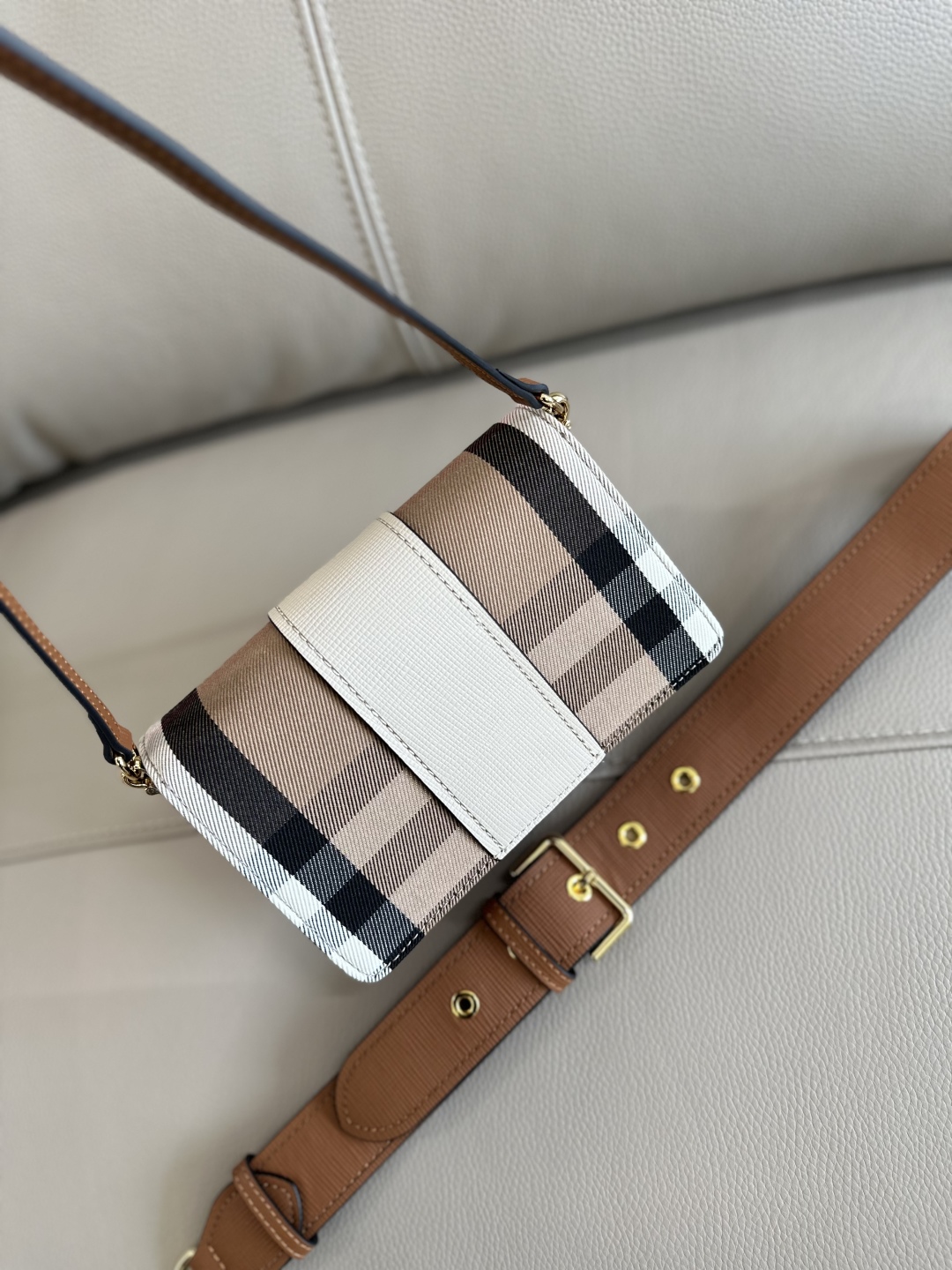 Burberry Check Canvas Brown Grained Leather Small Buckle
