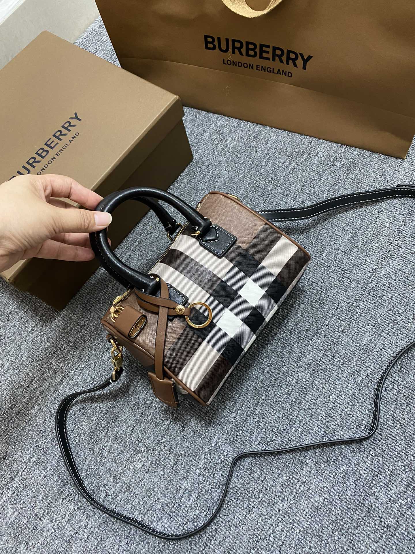 BURBERRY E-canvas Check Mini Bowling Bag Dark Birch Brown 1367290