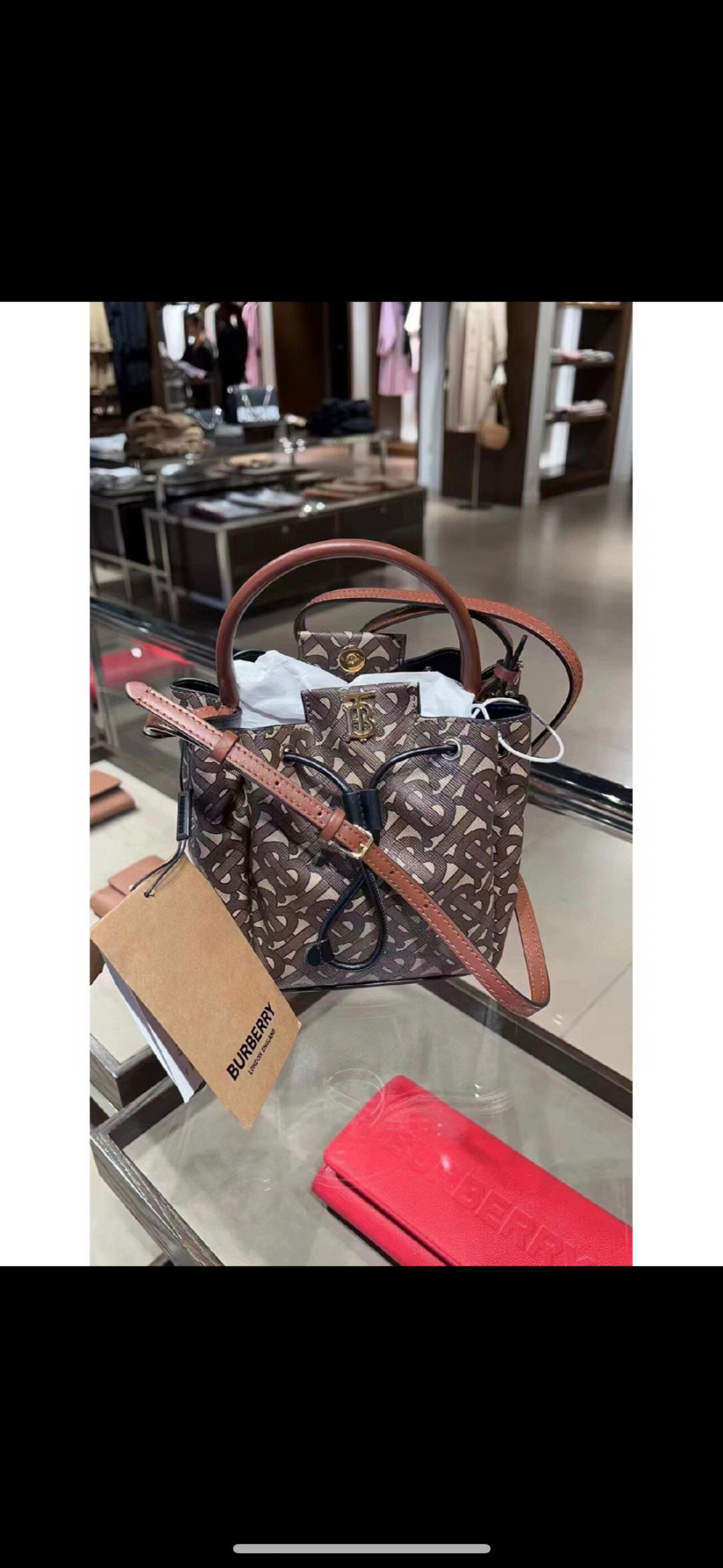 BURBERRY E-canvas Monogram TB Bucket Bag Bridle Brown