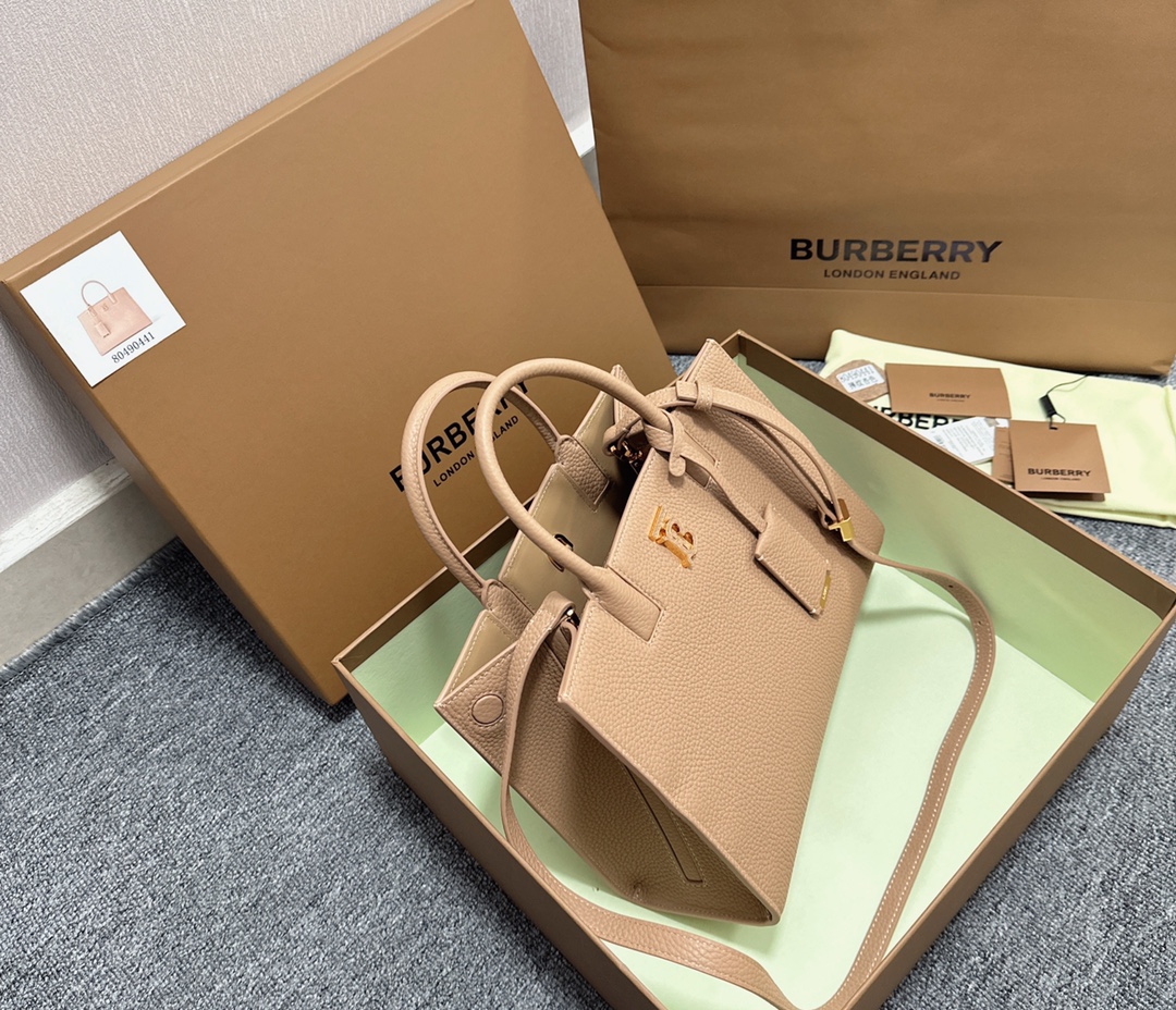 BURBERRY Grained Calfskin Small Frances Tote Oat Beige