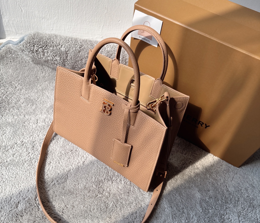 BURBERRY Grained Calfskin Small Frances Tote Oat Beige brown