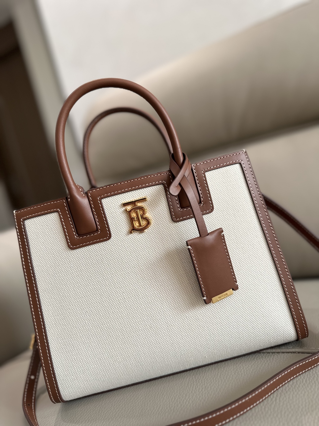 Burberry Ivory/Brown Leather and Canvas Mini Frances Tote BURBERRY  04459