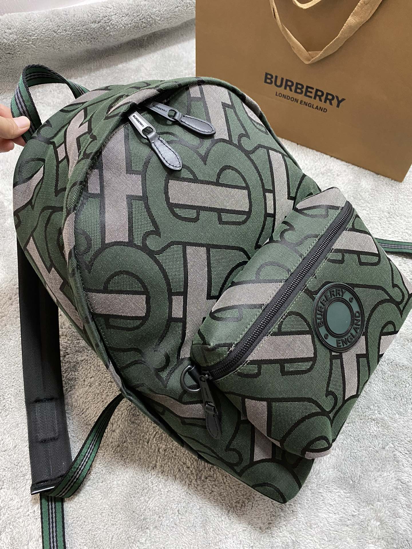 Burberry Jett Backpack Jacquard Monogram In Forest