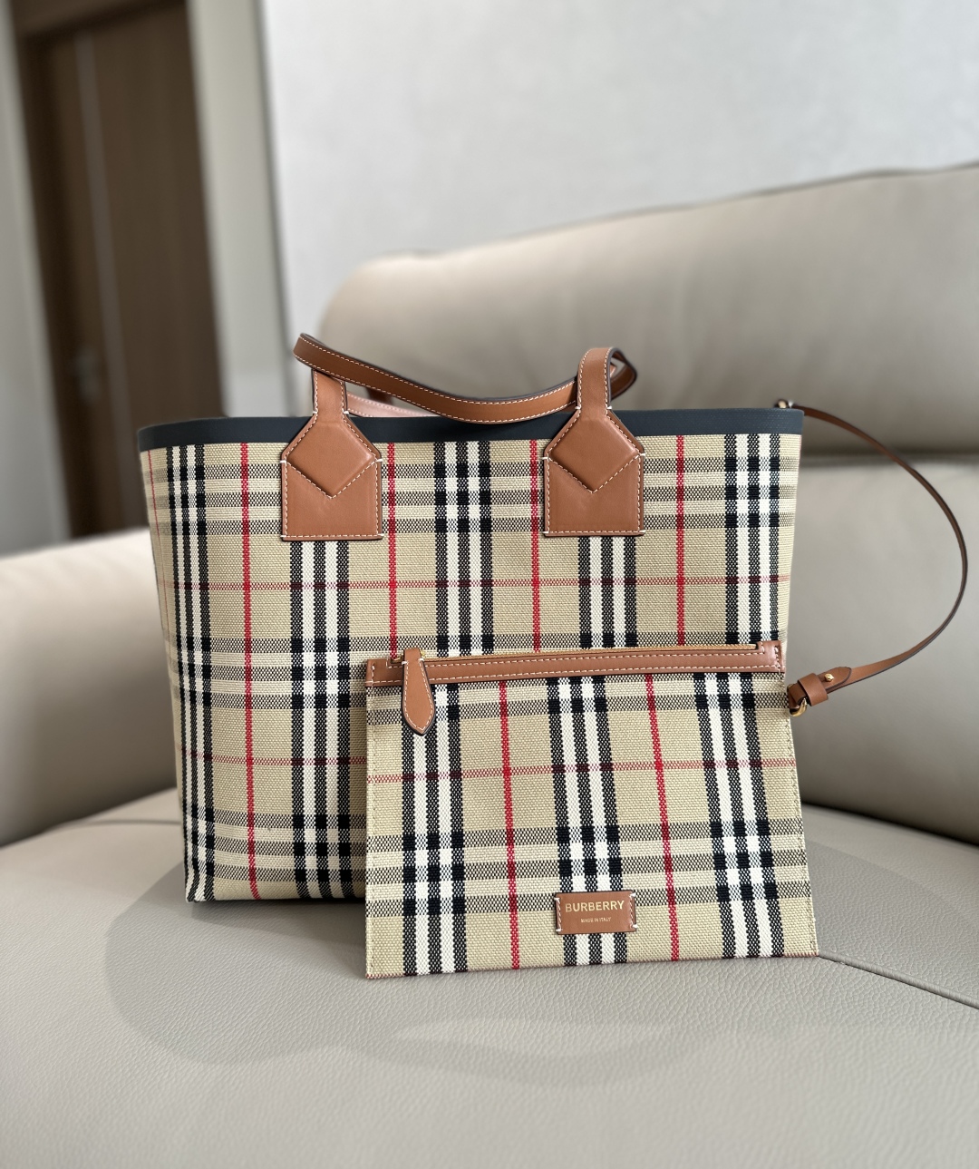 Burberry Large Check Cotton Canvas London Tote Bag