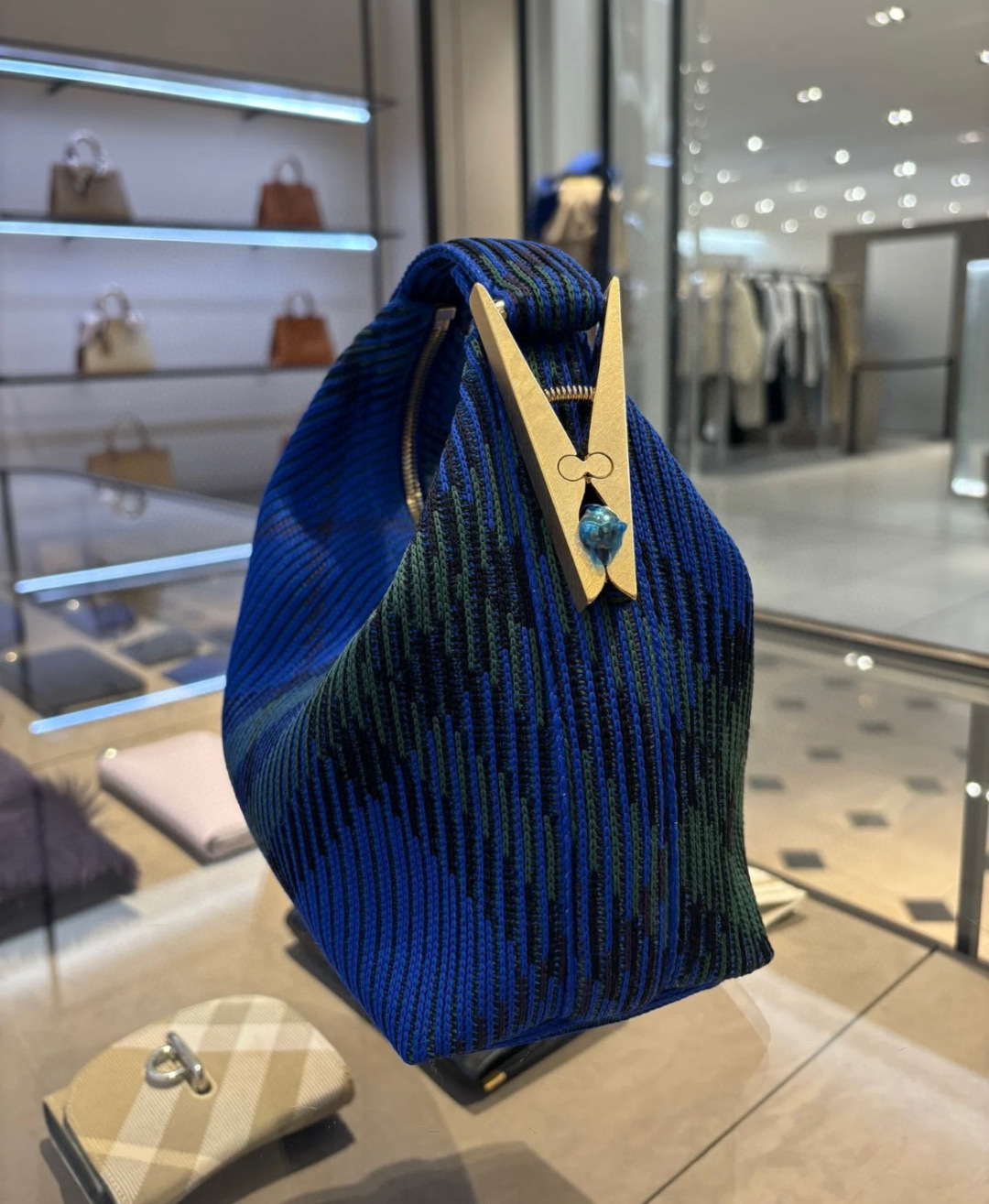 BURBERRY Mini Peg Duffle Bag Handtasche 8082419 Strickstoff blau grün gebrauc