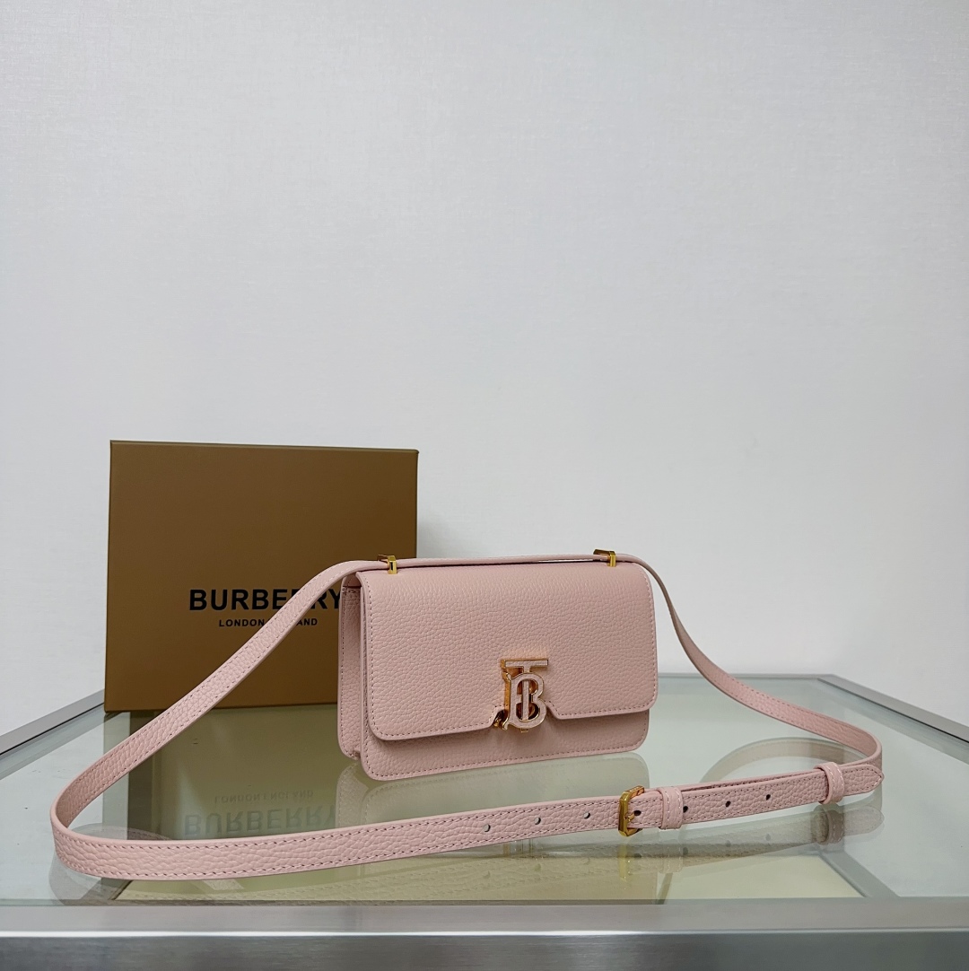 Burberry TB Elongated Grainy Leather Crossbody Bag PINK