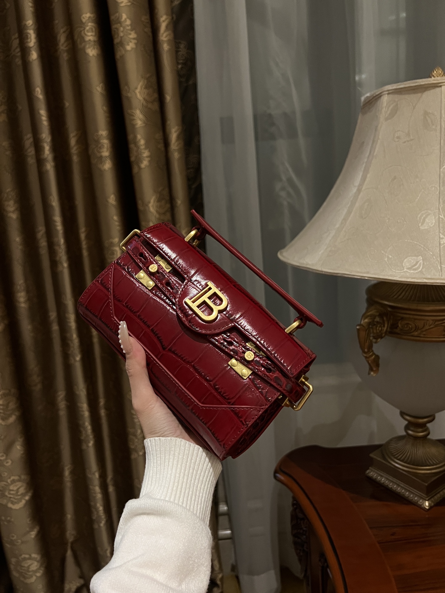 Red Crocodile Embossed Top Handle Bag