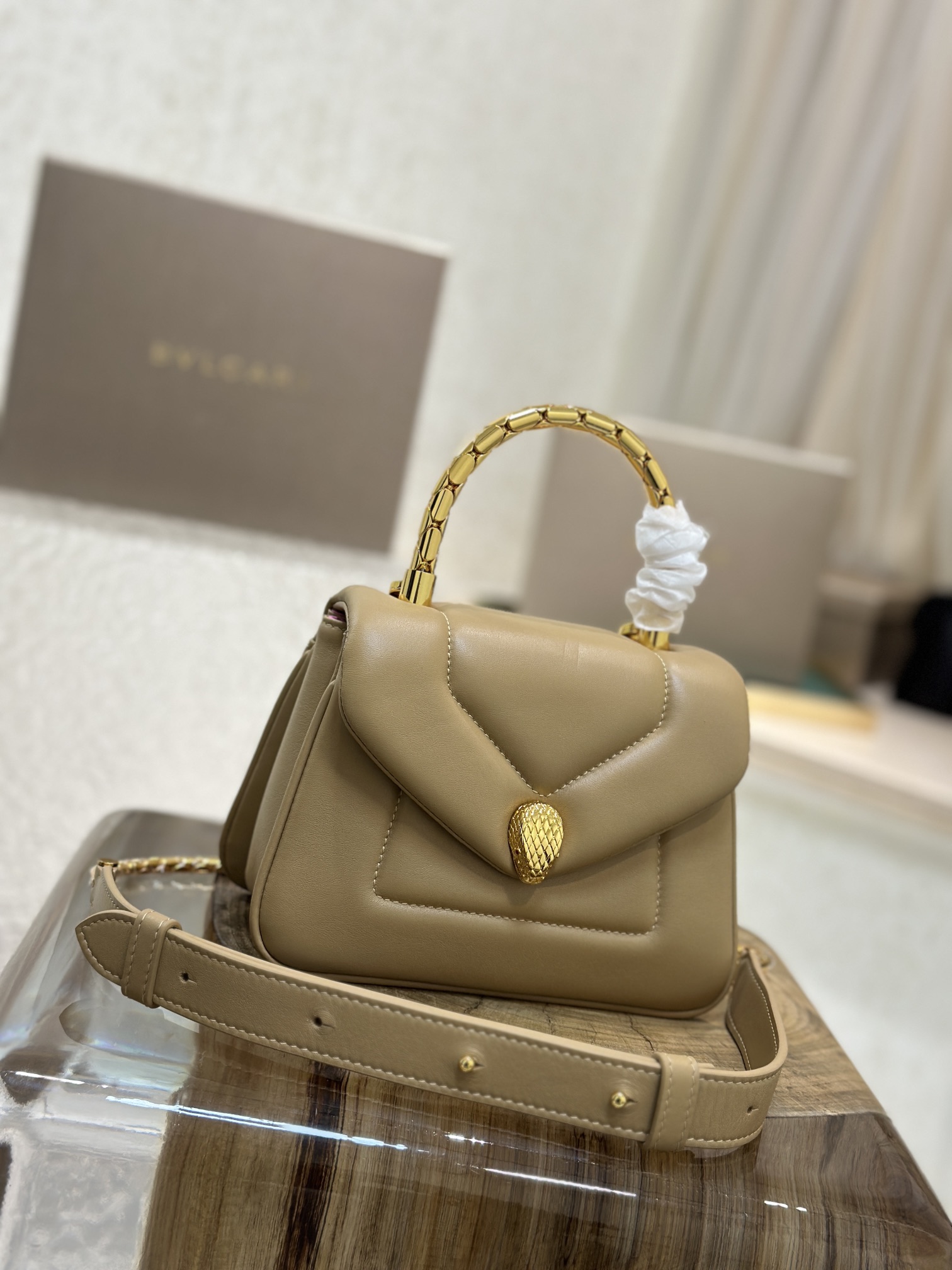 Bvlgari Beige Leather Serpenti Reverse Top Handle Bag BROWN