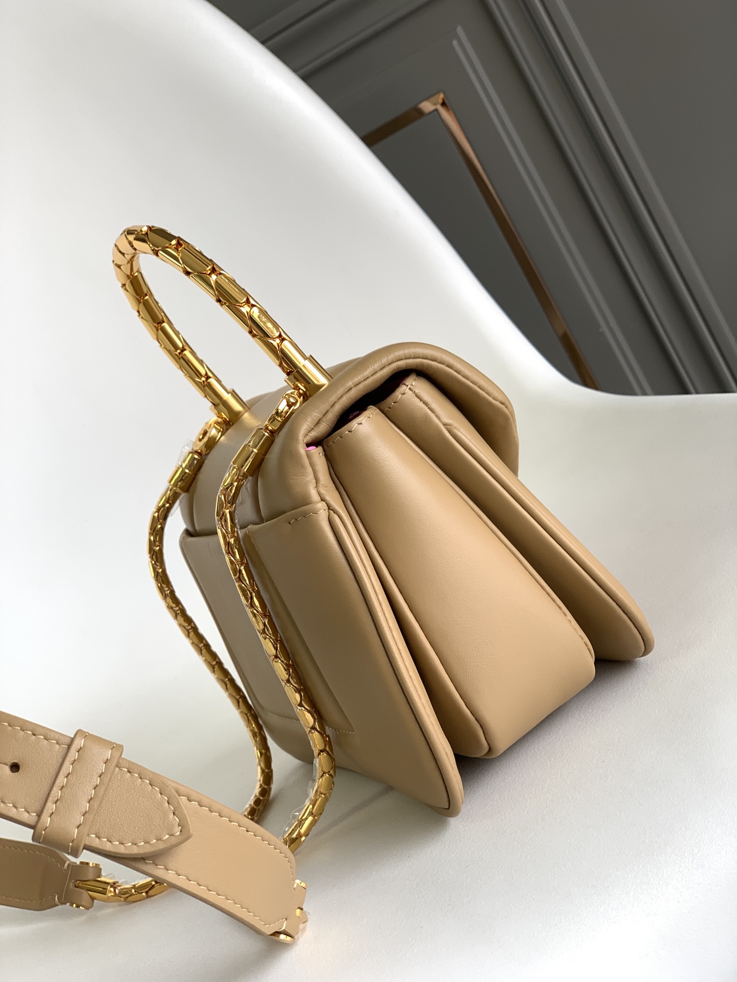 Bvlgari Beige Leather Serpenti Reverse Top Handle Bag Bvlgar