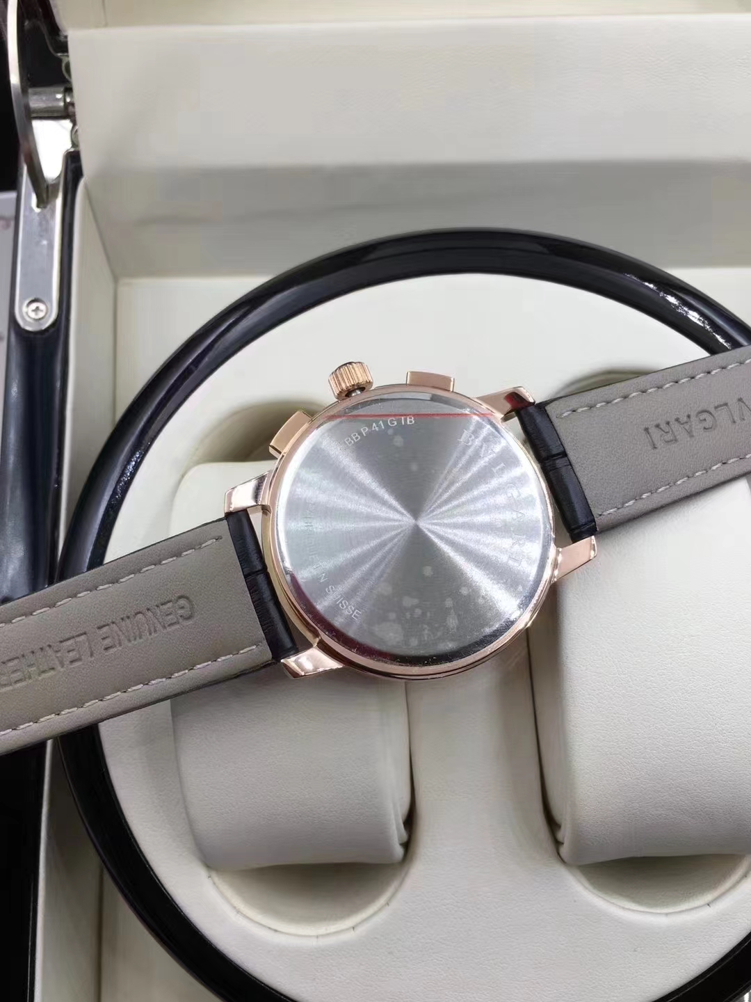 Bvlgari Rose Gold Chronograph Black Leather Watch - Image 4