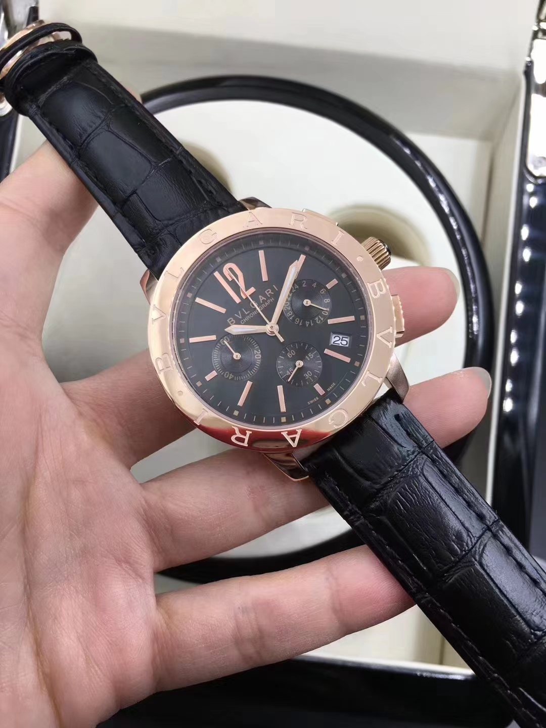 Bvlgari Rose Gold Chronograph Black Leather Watch