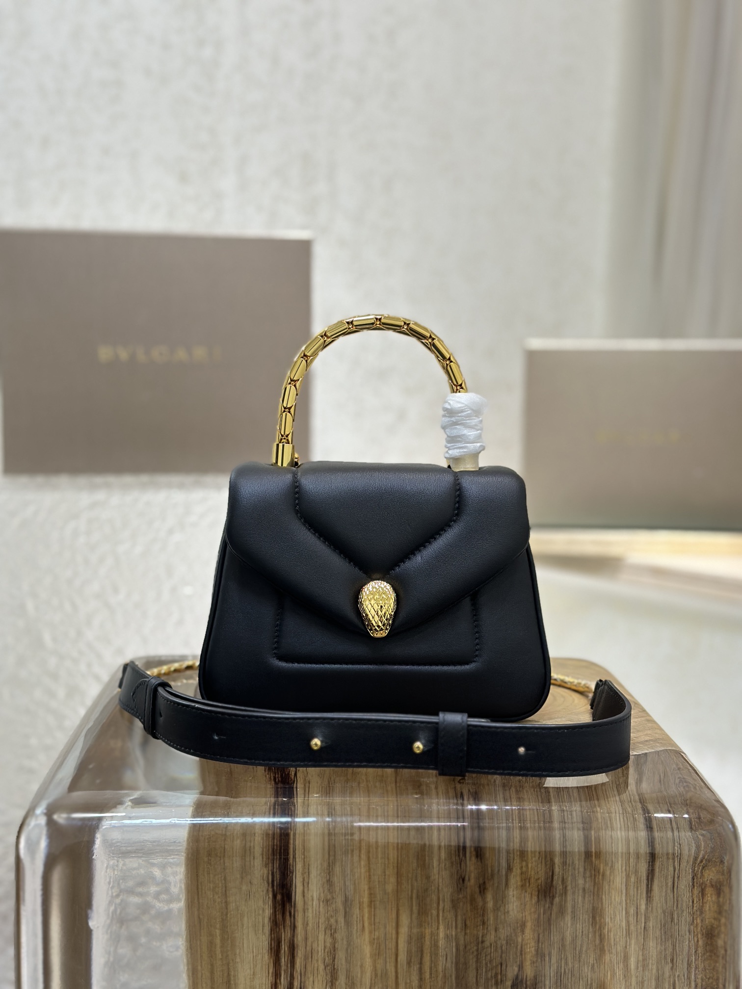 BVLGARI Micro Serpenti Reverse Leather Top Handle Bag in Black