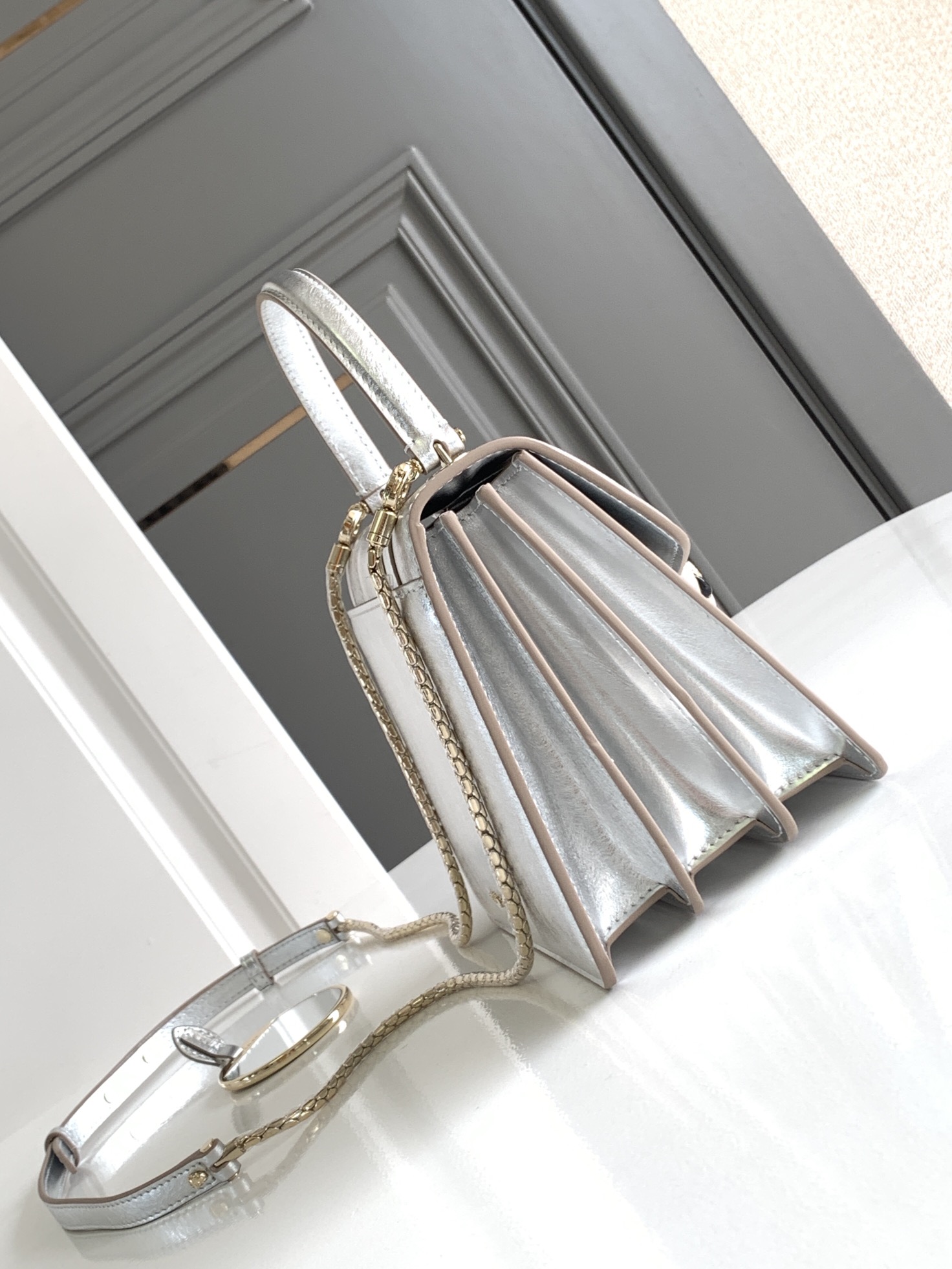 BVLGARI Mini Metallic Serpenti Forever Top-Handle Bag inSIVER