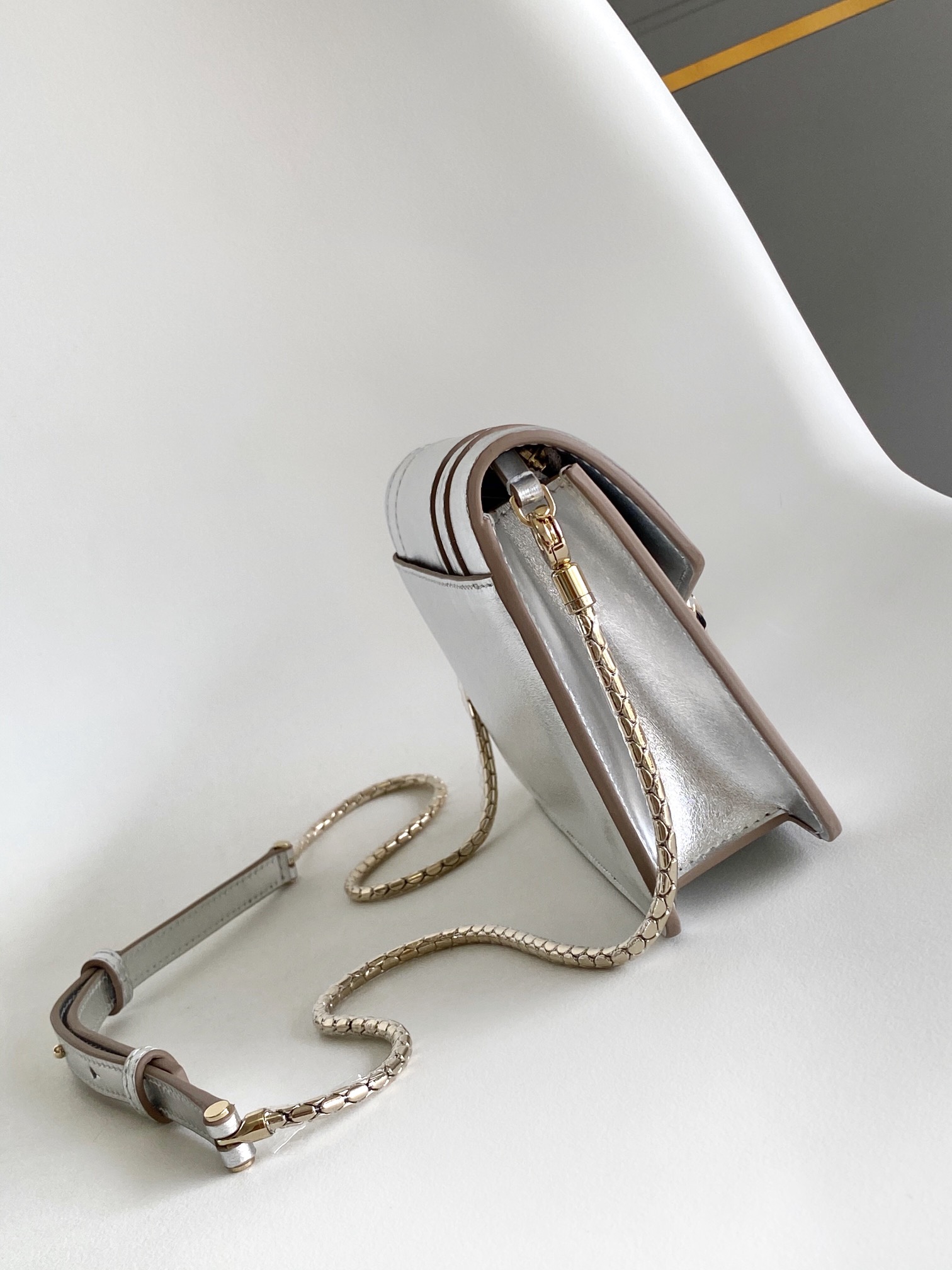 BVLGARI Serpenti Forever Leather Chain Wallet in White |