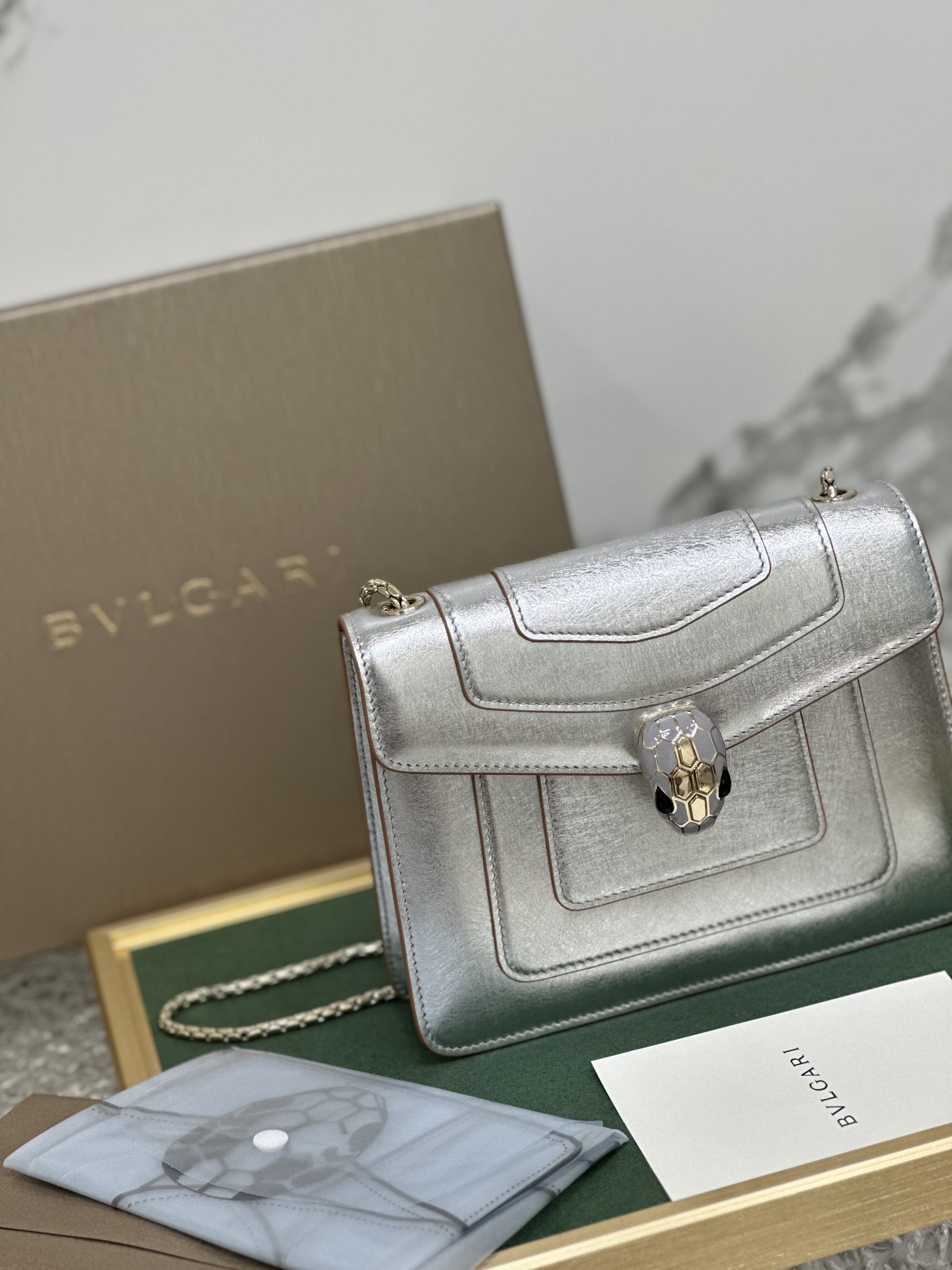 BVLGARI Silver Metallic Silver Medium Serpenti Shoulder Bag For Women