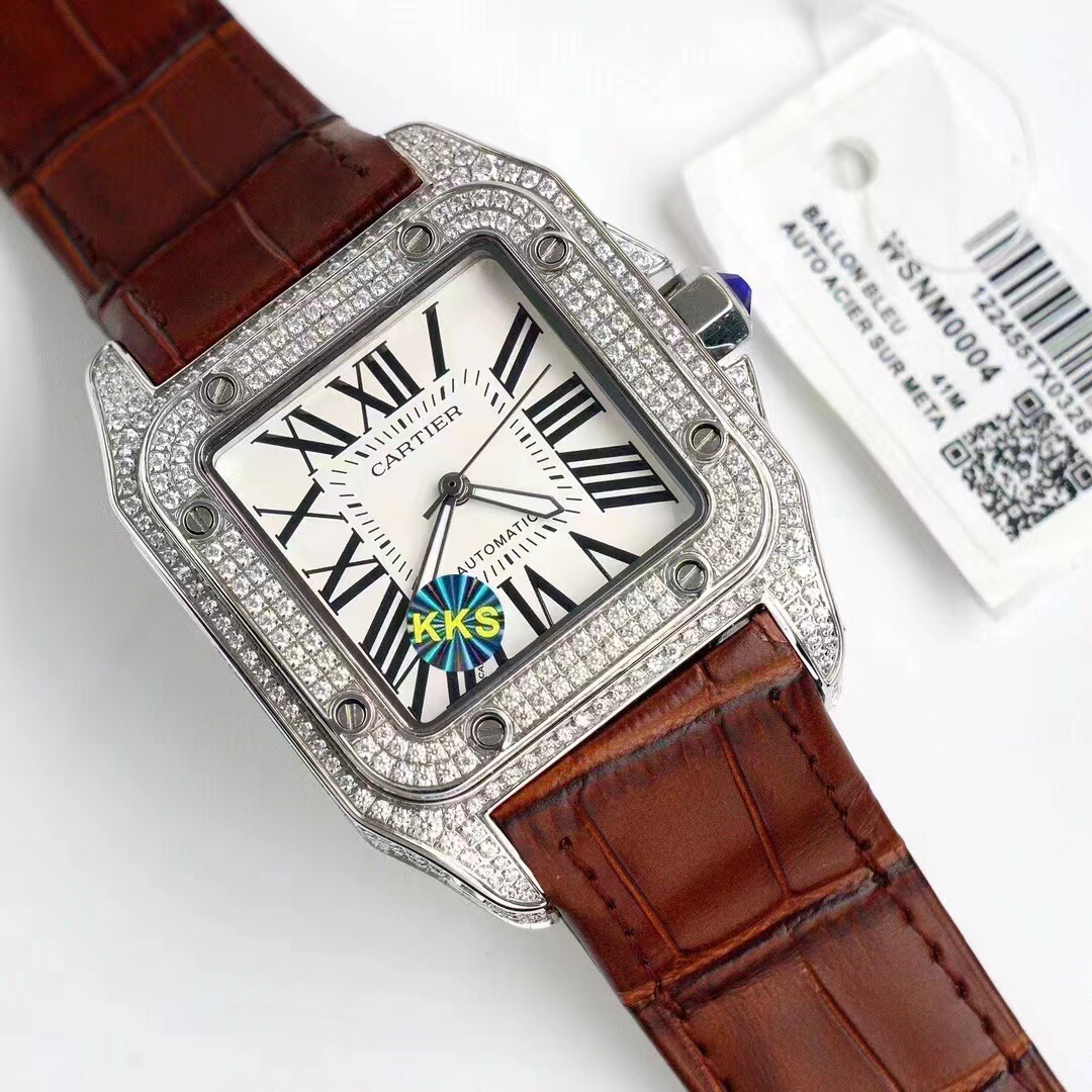 Cartier Santos 100 Large Automatic 18k White Gold Diamond Bezel/Case WM501751 brown wire