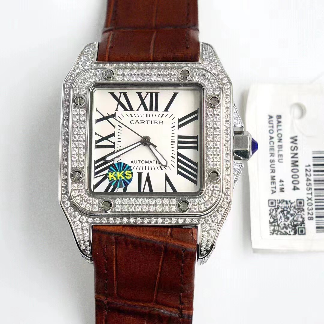 Cartier Santos 100 Large Automatic 18k White Gold Diamond Bezel/Case WM501751 brown wire