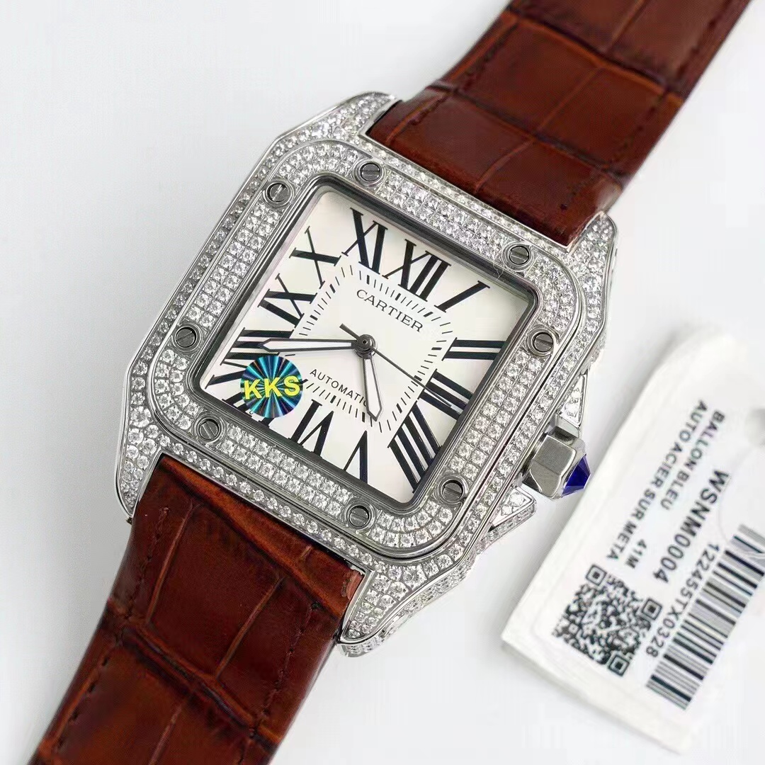 Cartier Santos 100 Large Automatic 18k White Gold Diamond Bezel/Case WM501751 brown wire