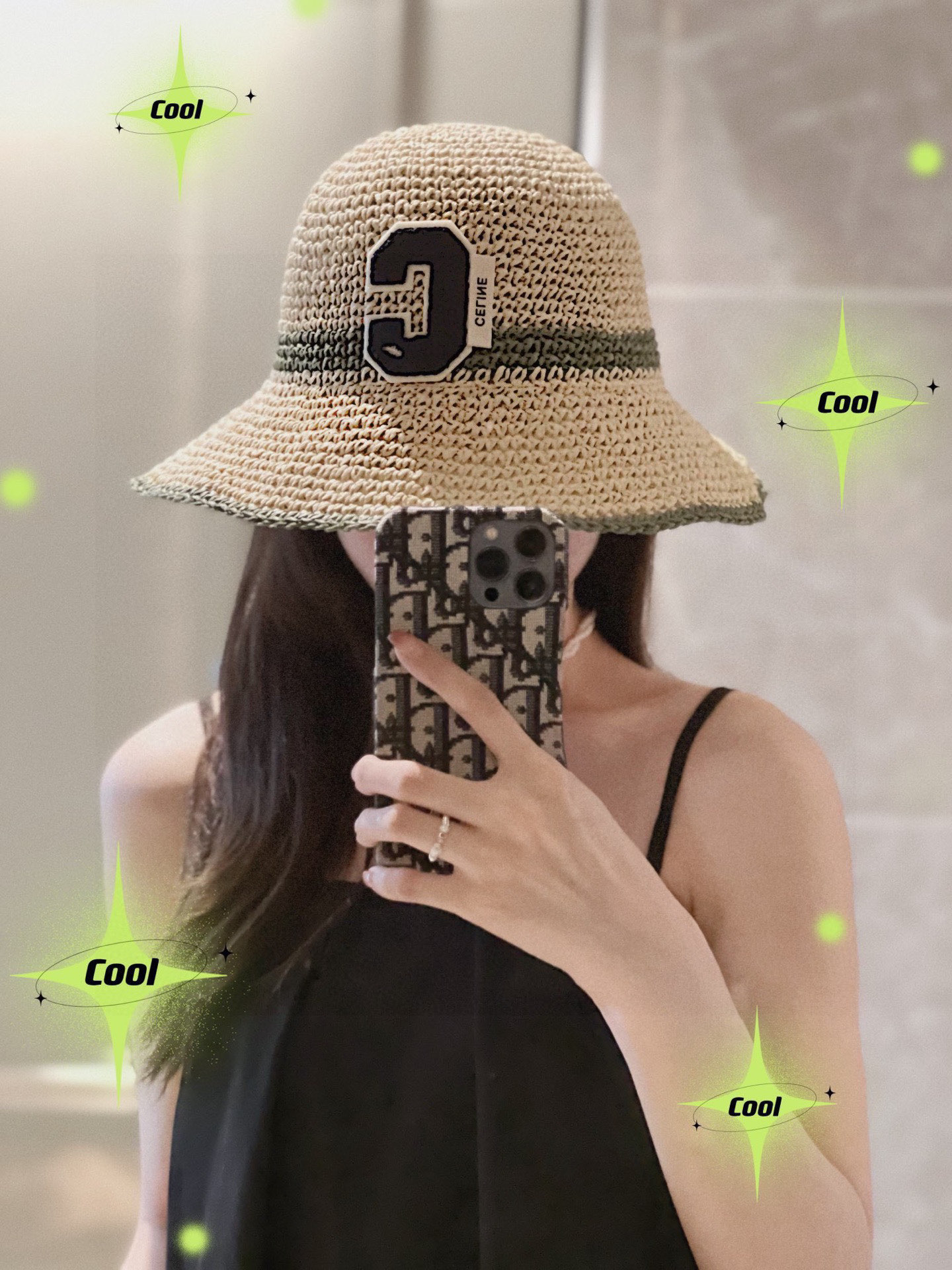 Celine Beige Raffia Bucket Hat - Black C Patch