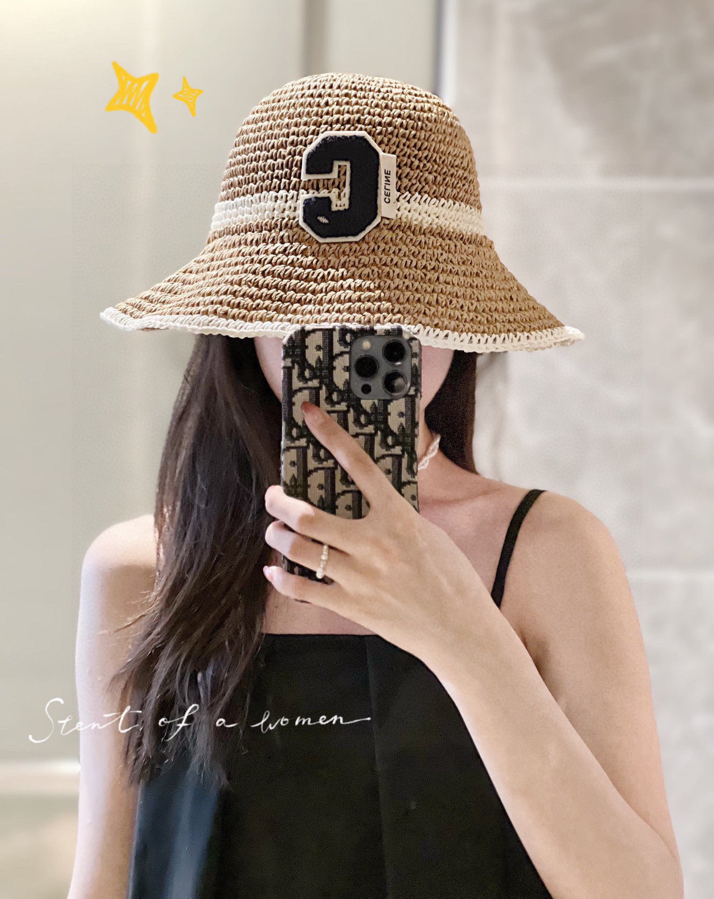 Celine Brown Raffia Bucket Hat - Embroidered "C" Logo