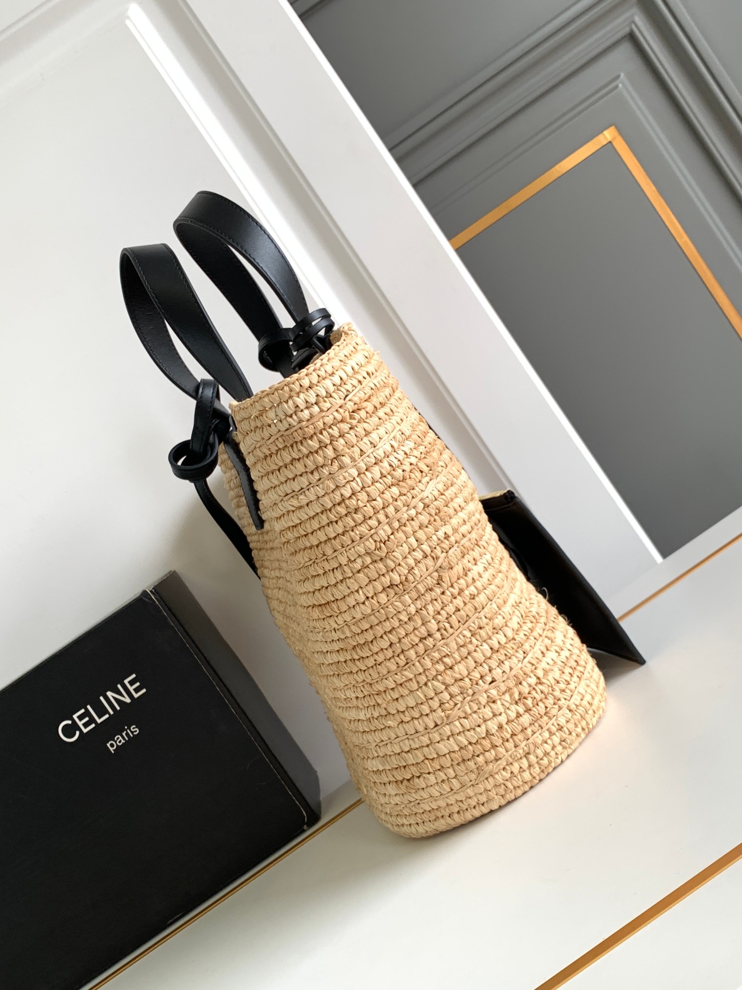Celine Classic Panier Raffia & Leather Tote Women's Black