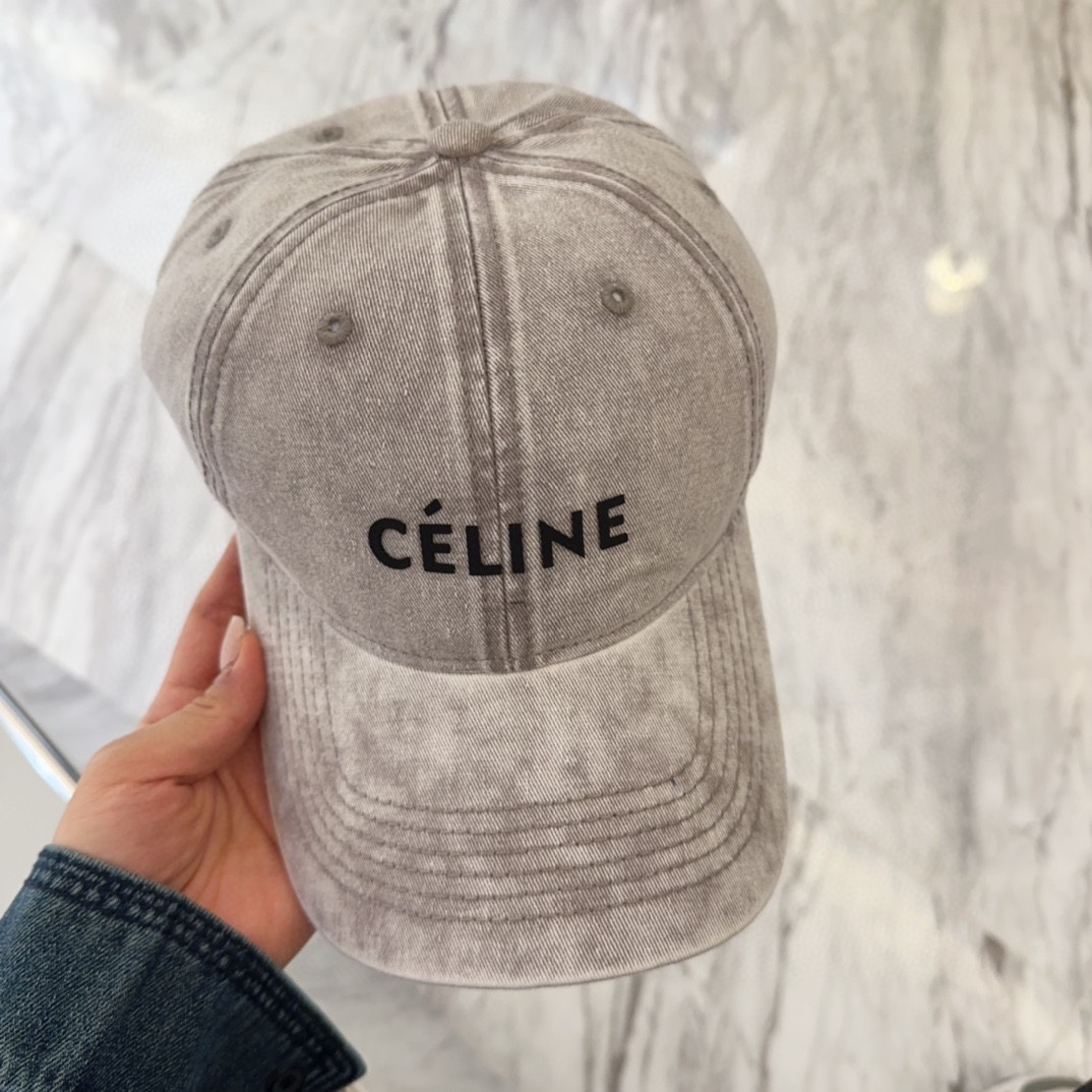 Celine Washed Grey Baseball Cap - Logo Embroidered