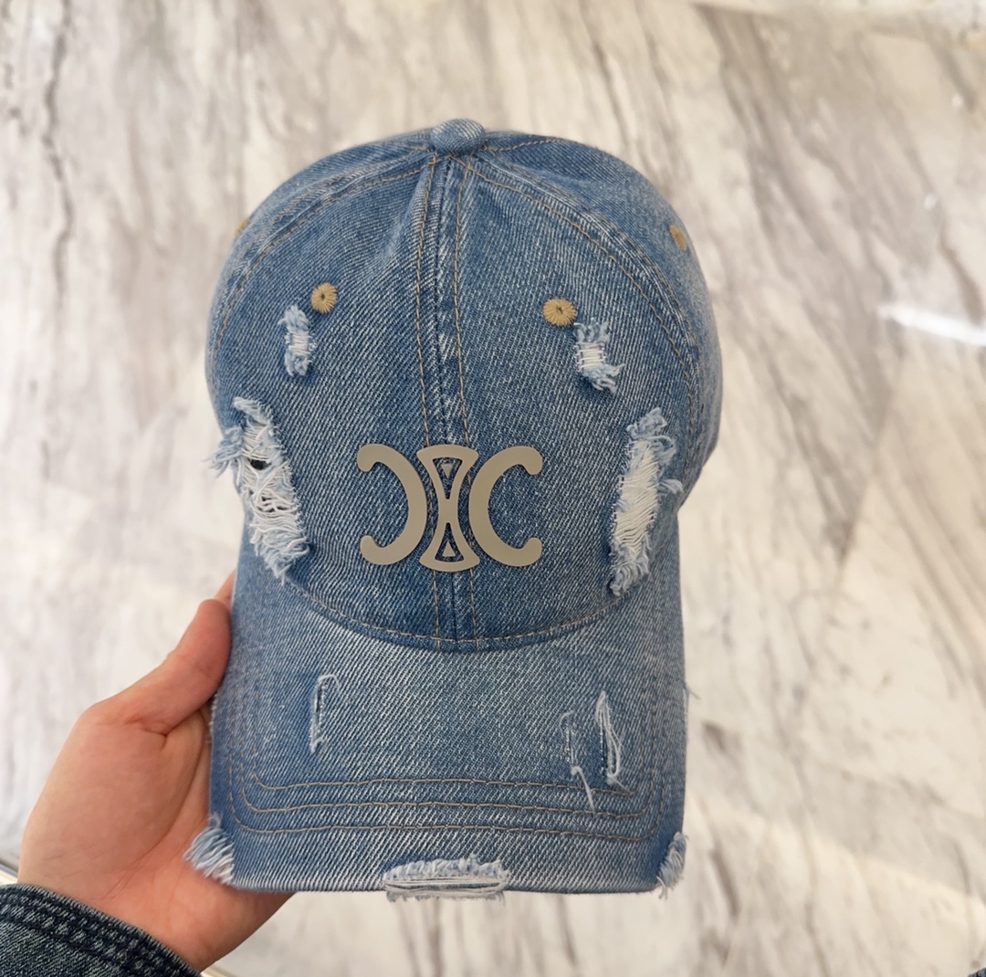 Celine Light Blue Distressed Denim Cap with C Logo
